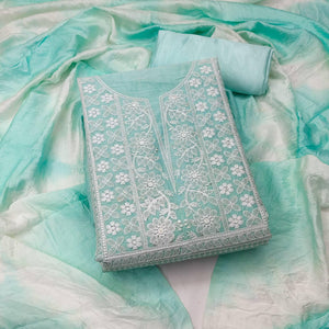 Rama Floral Embroidered Chanderi Dress Material - Peachmode