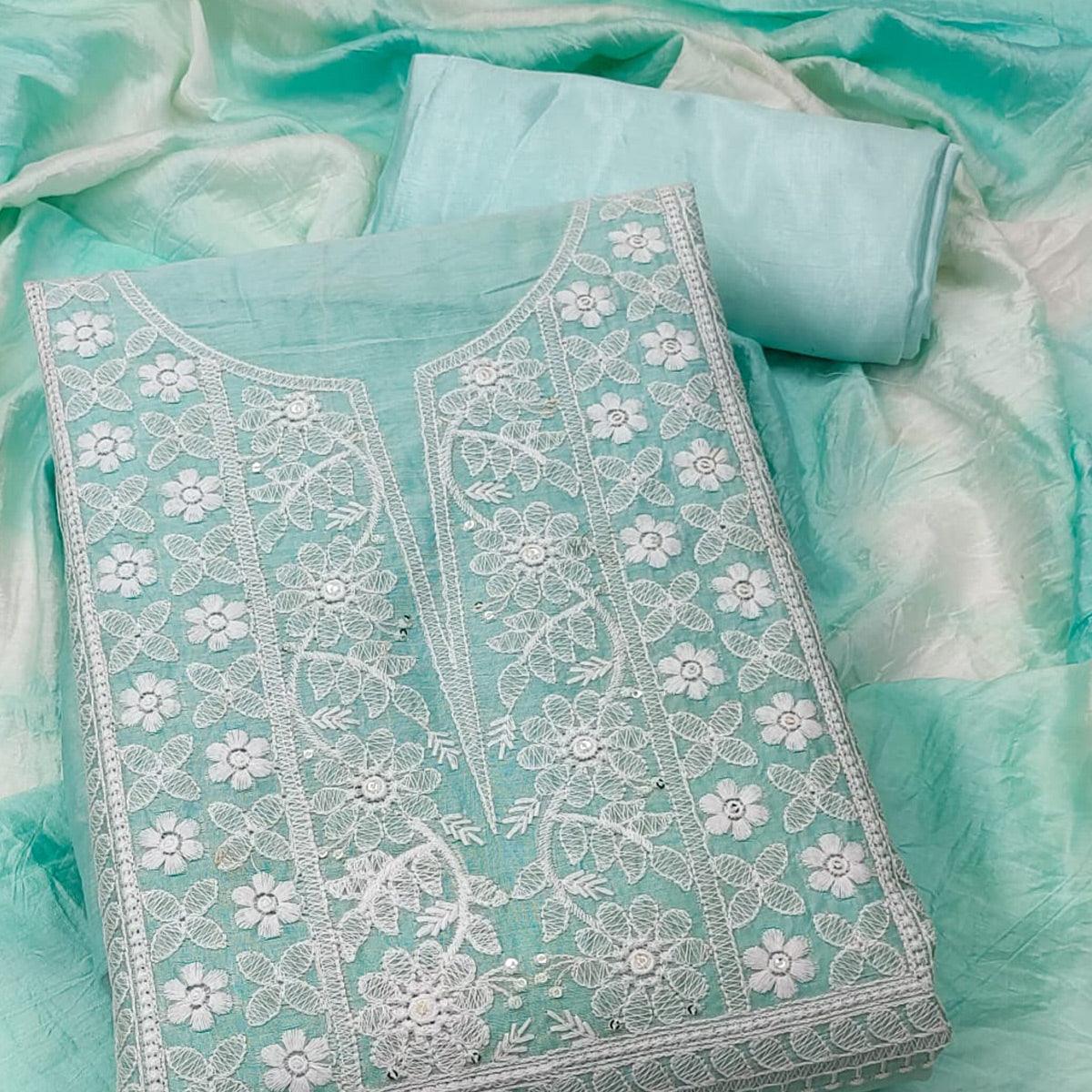 Rama Floral Embroidered Chanderi Dress Material - Peachmode