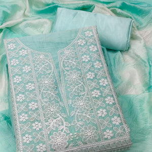 Rama Floral Embroidered Chanderi Dress Material - Peachmode