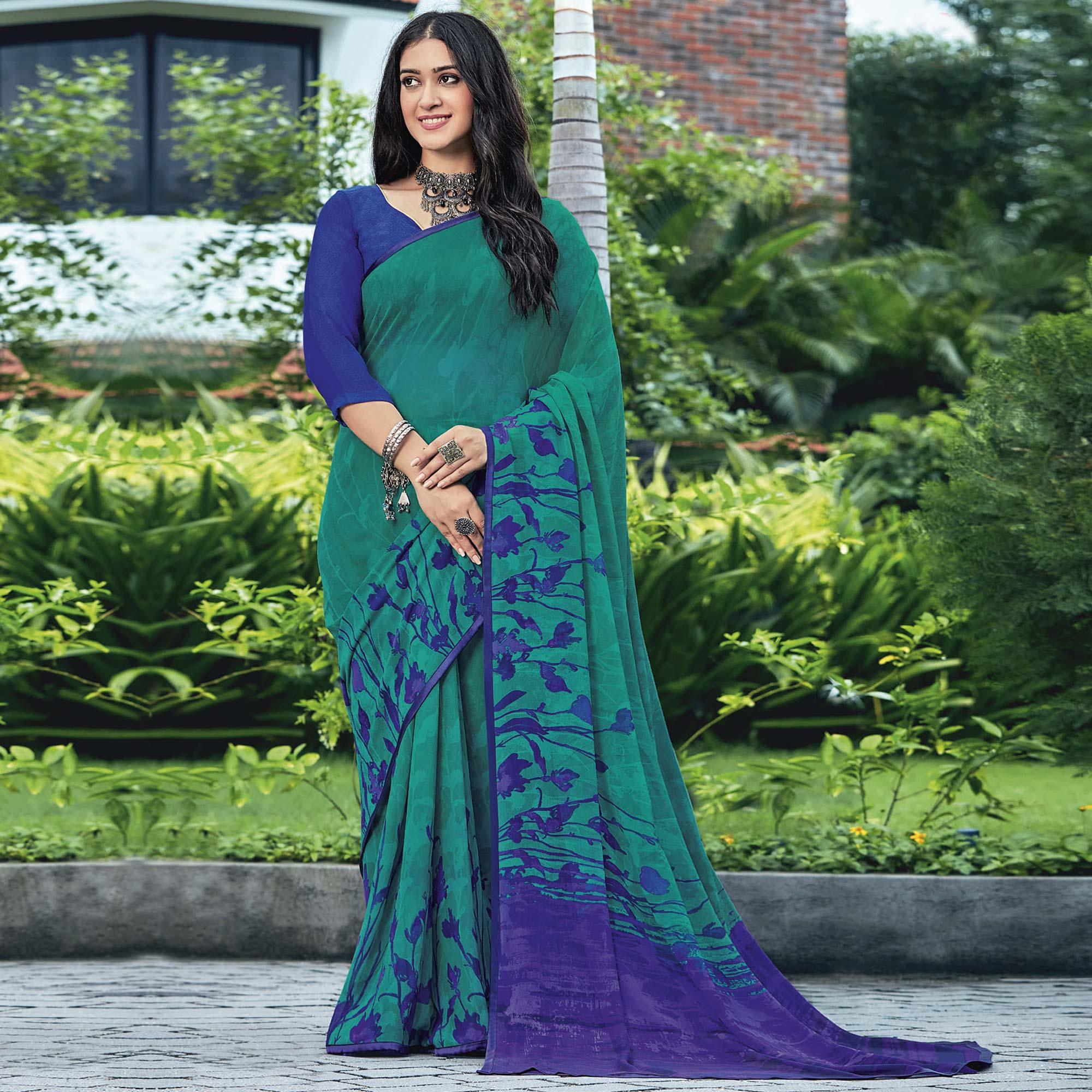 Rama Green & Blue Casual Wear Floral Printed Georgette Saree - Peachmode