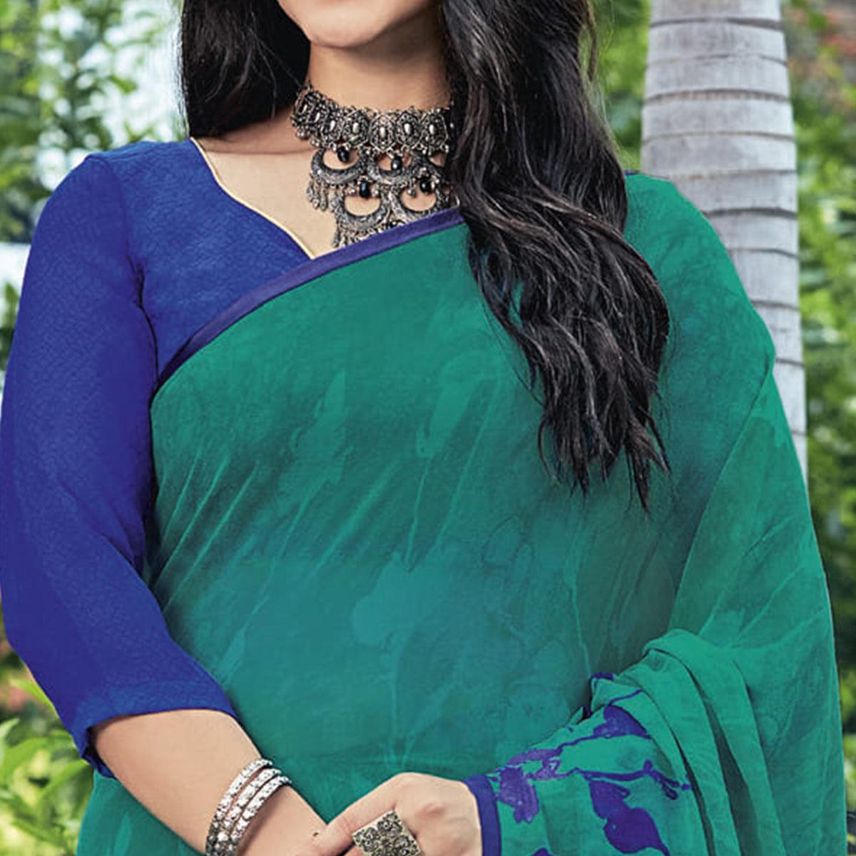 Rama Green & Blue Casual Wear Floral Printed Georgette Saree - Peachmode