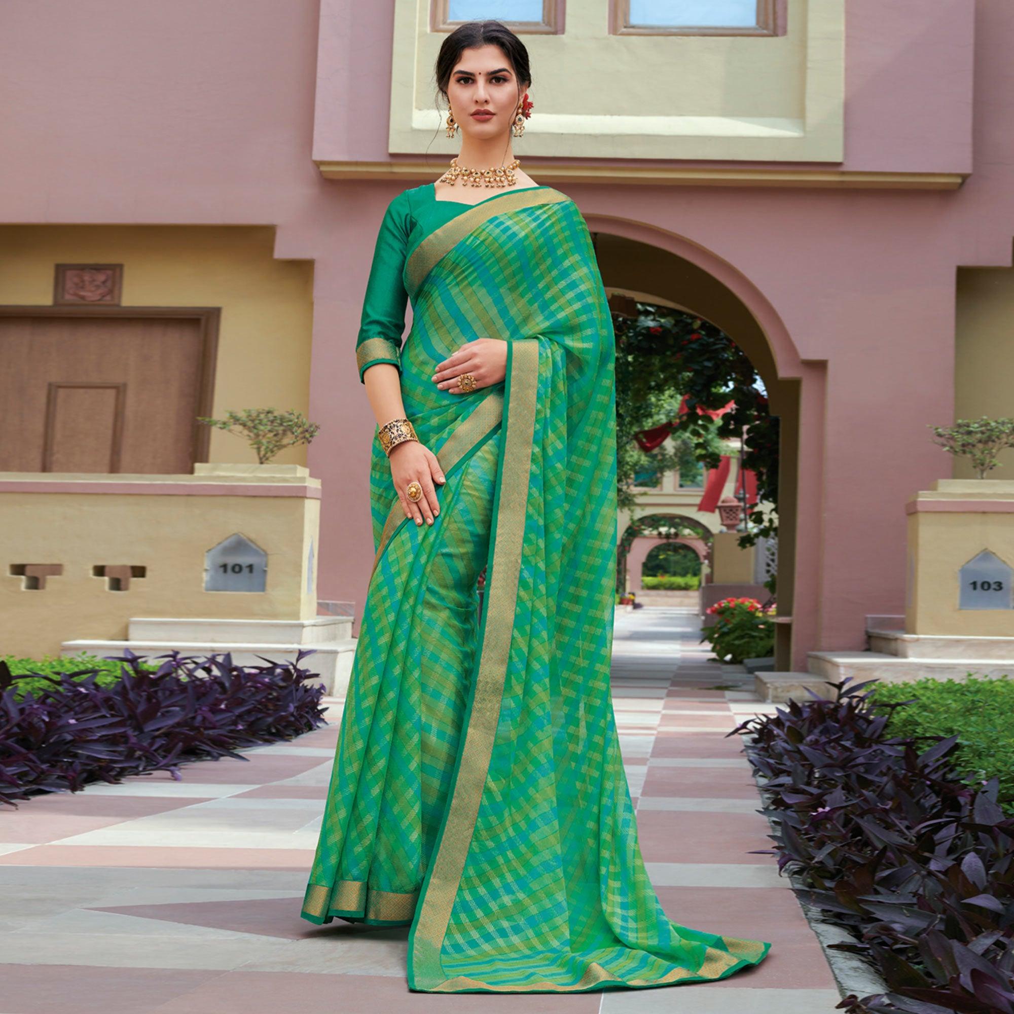 Rama Green & Blue Festive Wear Printed Chiffon Brasso Saree - Peachmode