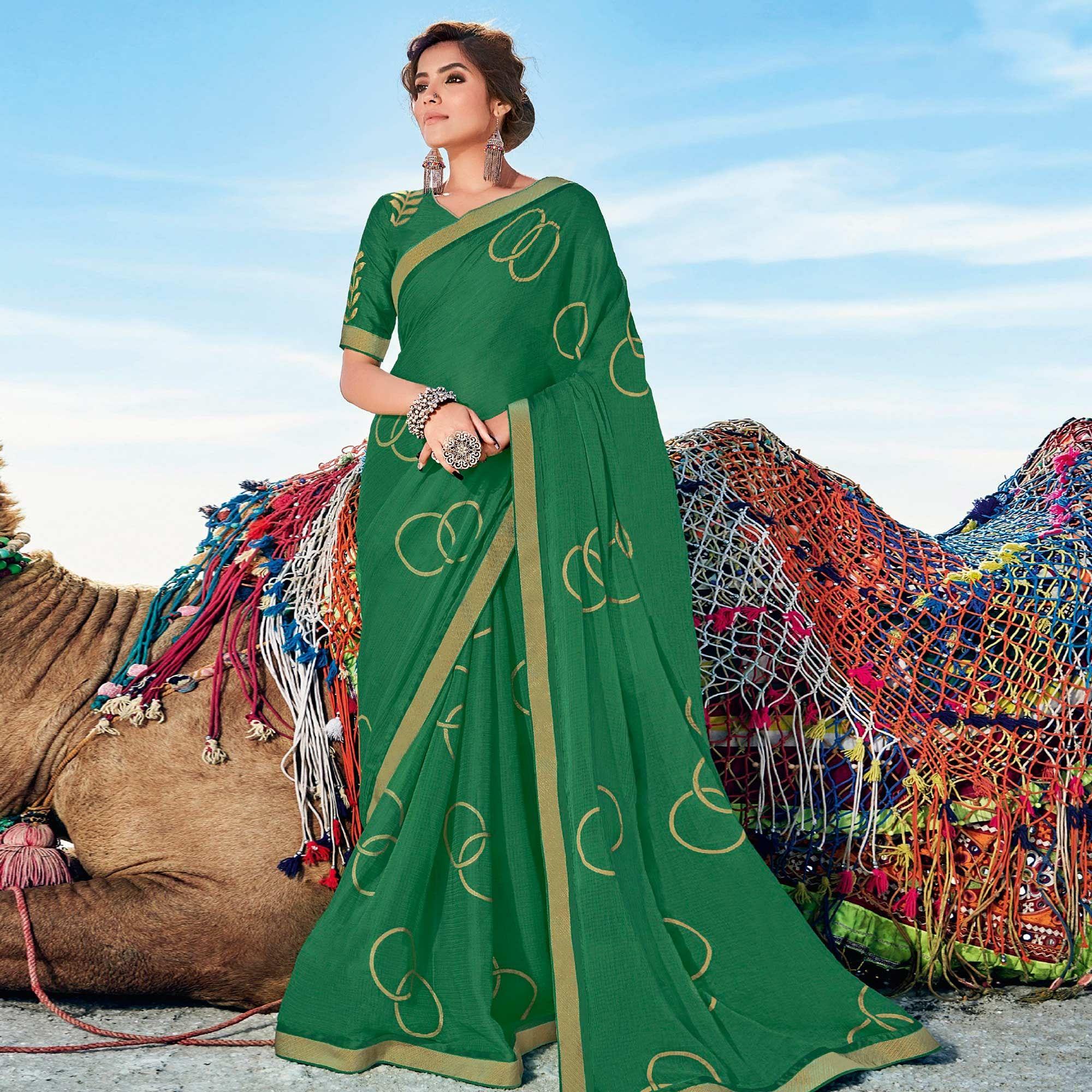 Rama Green Casual Wear Printed Chiffon Saree - Peachmode