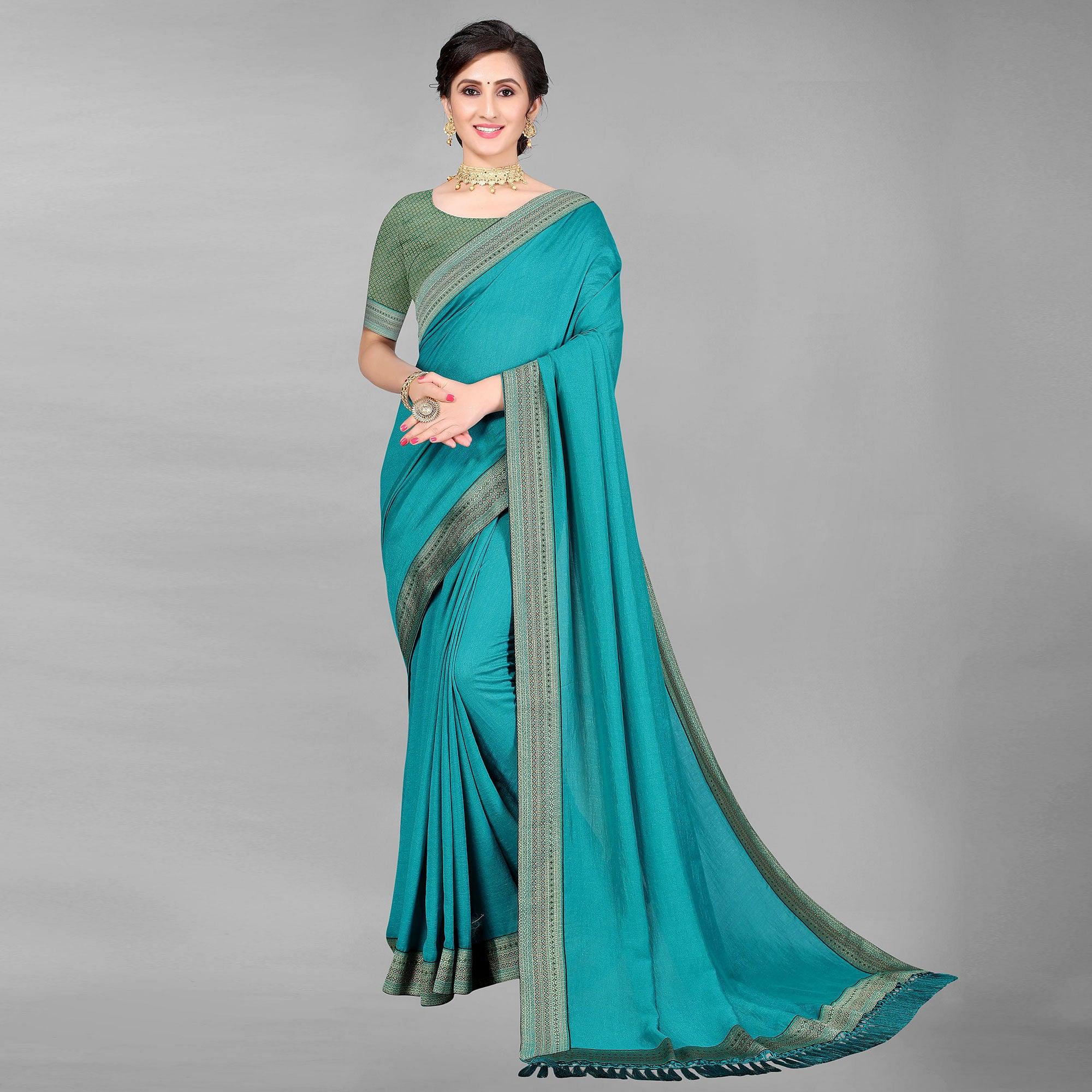 Rama Green Casual Wear Solid Silk Saree - Peachmode