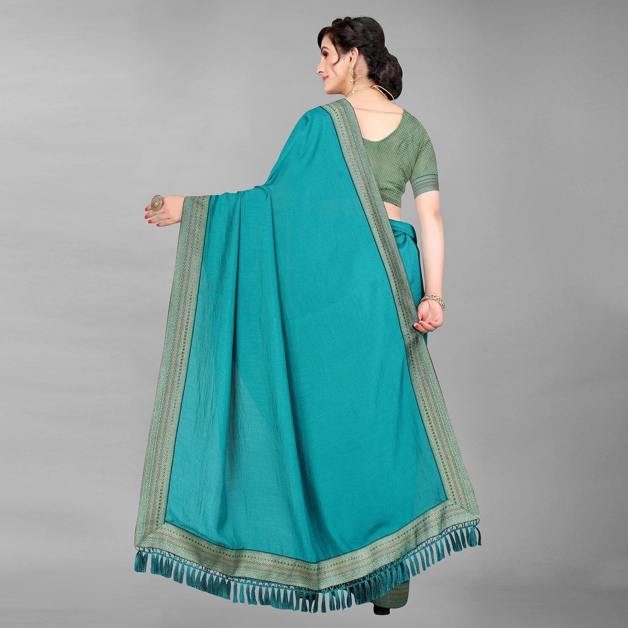 Rama Green Casual Wear Solid Silk Saree - Peachmode