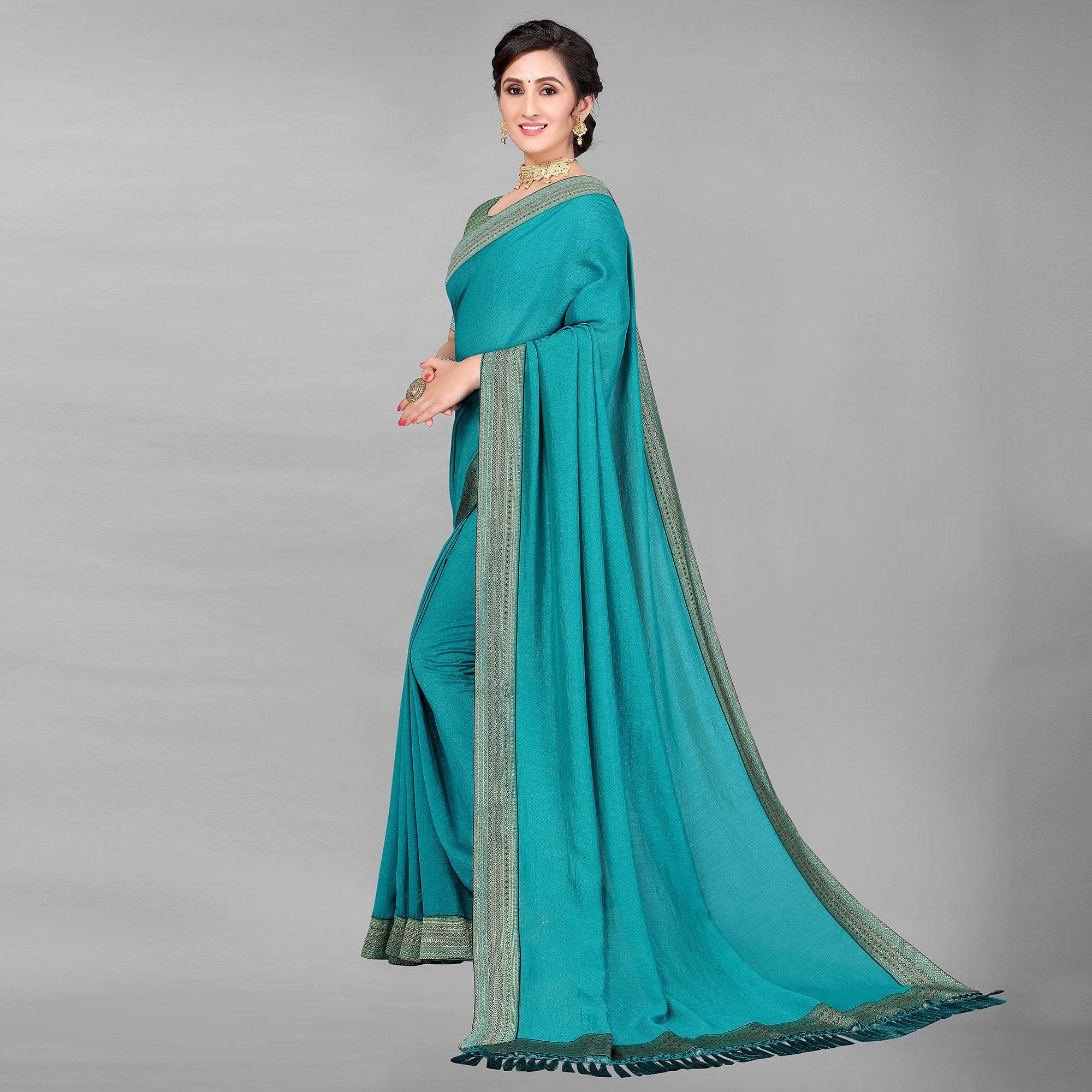 Rama Green Casual Wear Solid Silk Saree - Peachmode