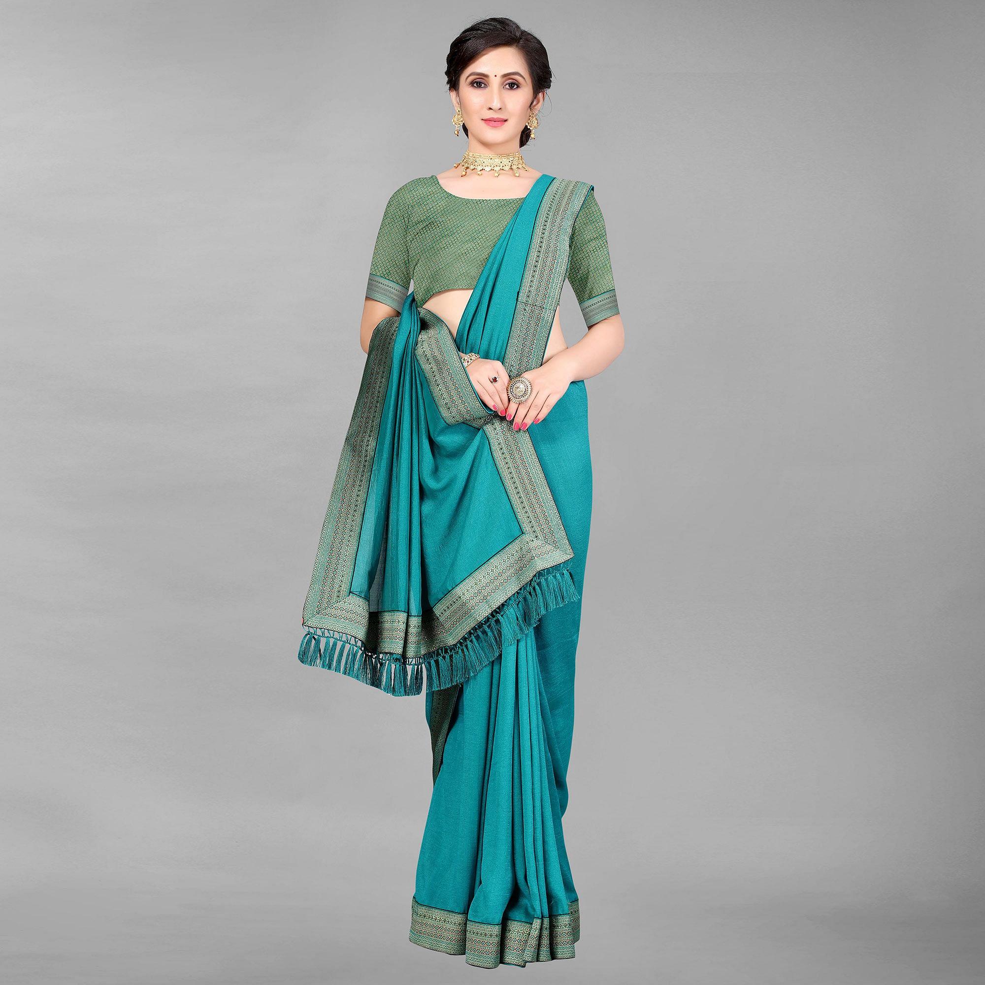 Rama Green Casual Wear Solid Silk Saree - Peachmode
