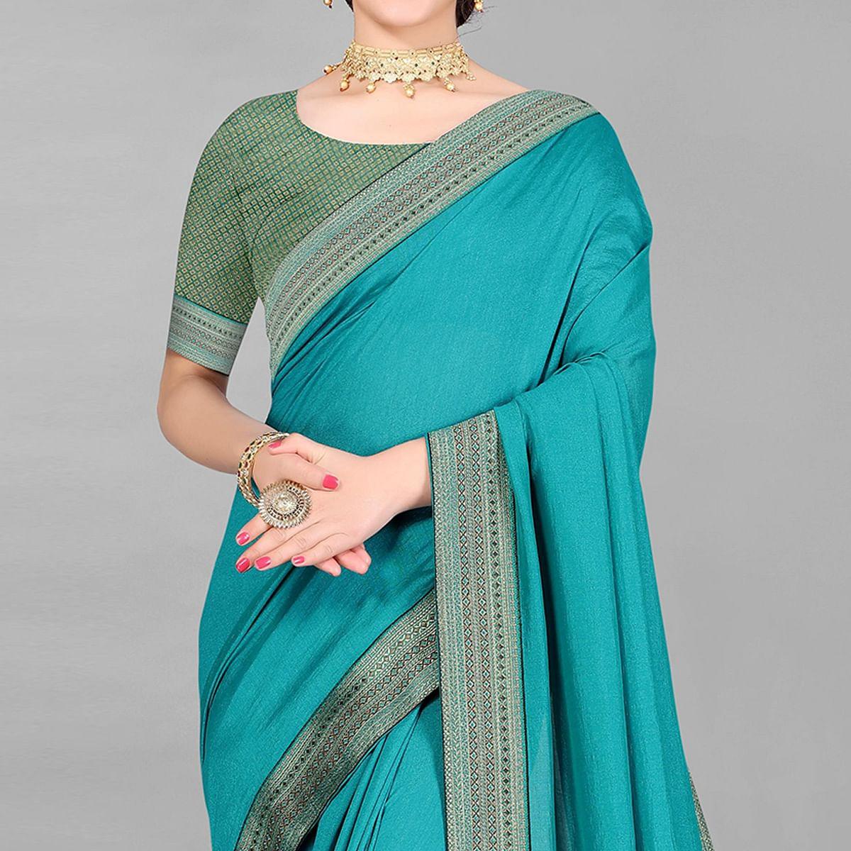 Rama Green Casual Wear Solid Silk Saree - Peachmode