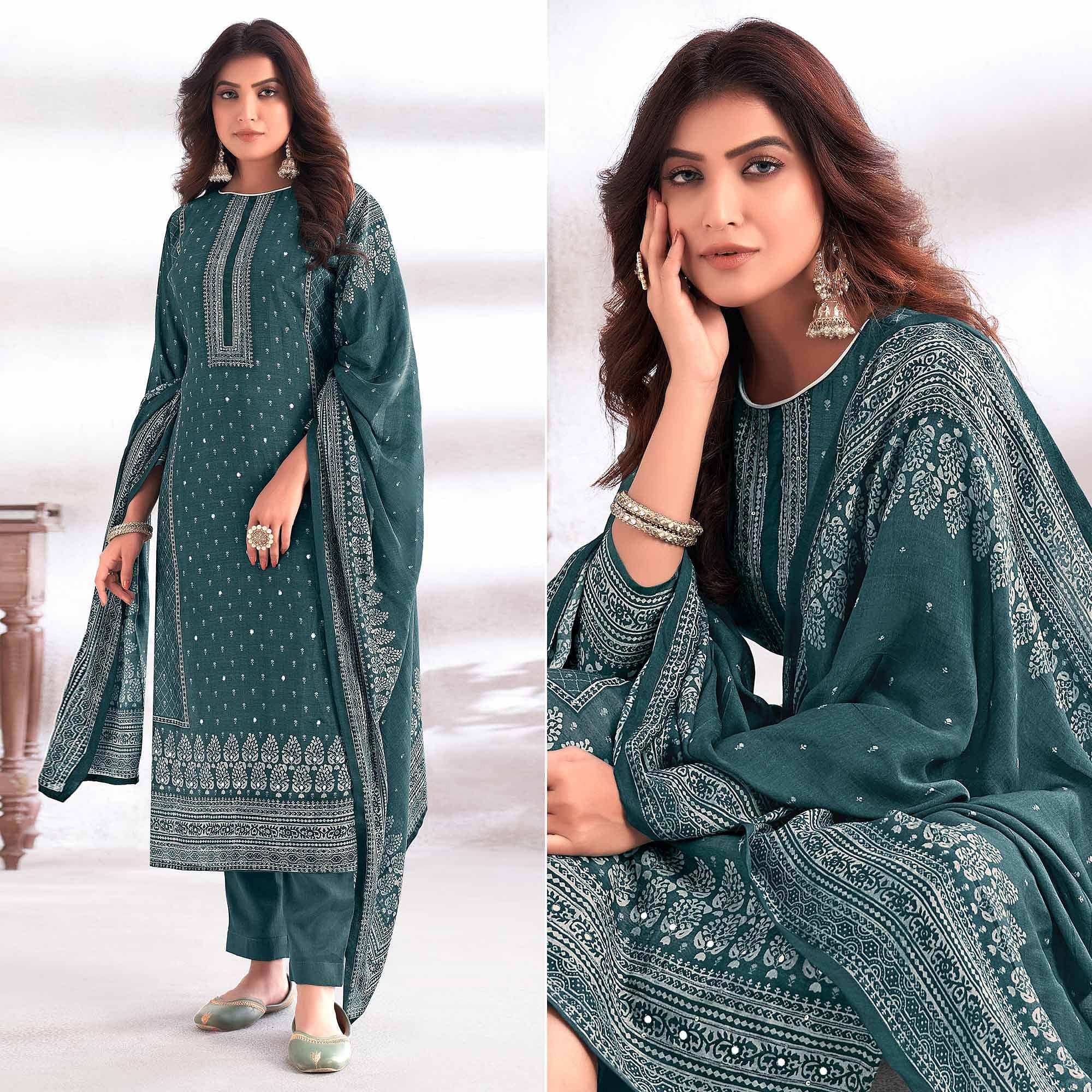 Rama Green Digital Printed & Hand Work Cotton Silk Suit - Peachmode