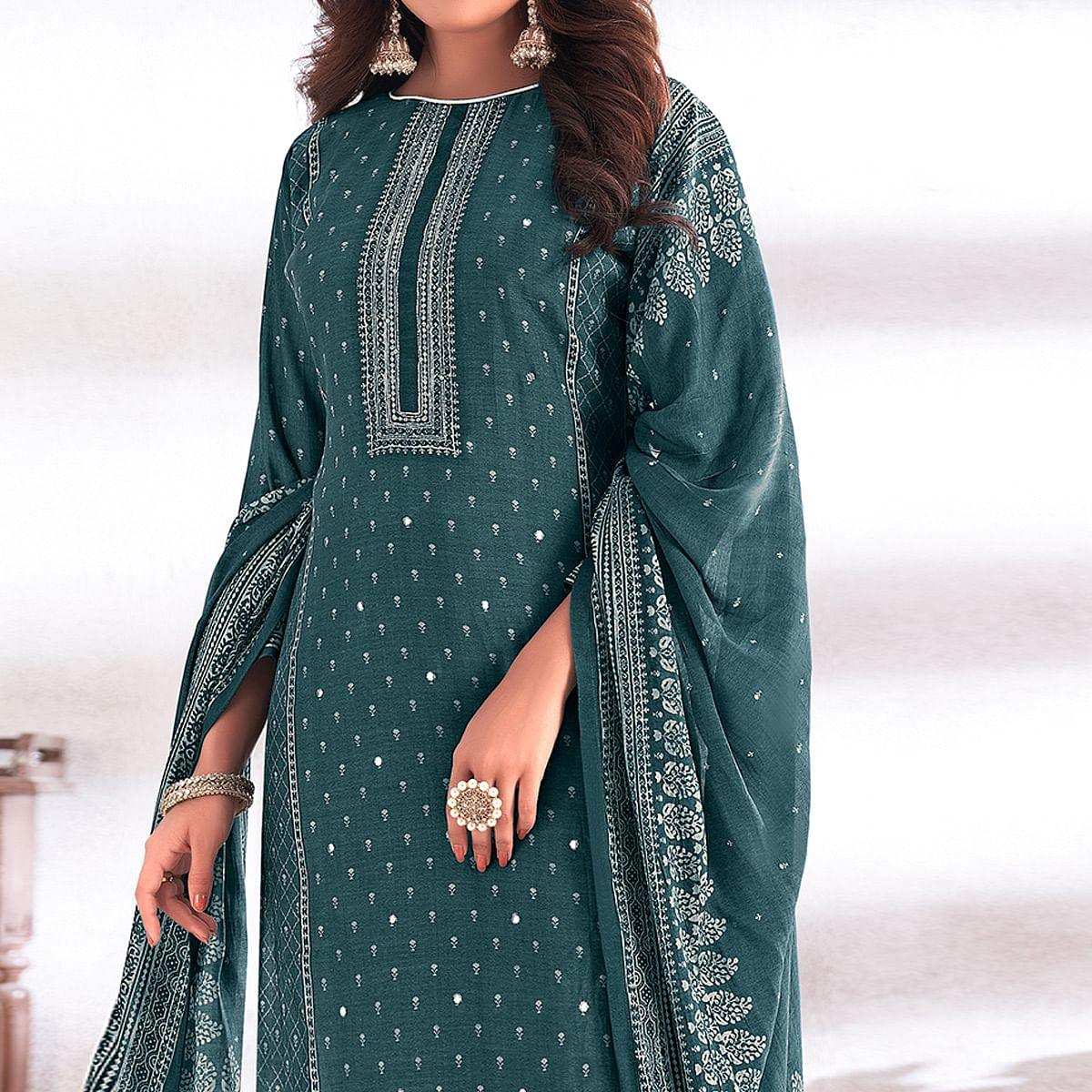 Rama Green Digital Printed & Hand Work Cotton Silk Suit - Peachmode