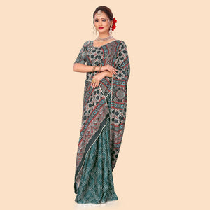 Rama Green Digital Printed With Fancy Border Chiffon Saree - Peachmode