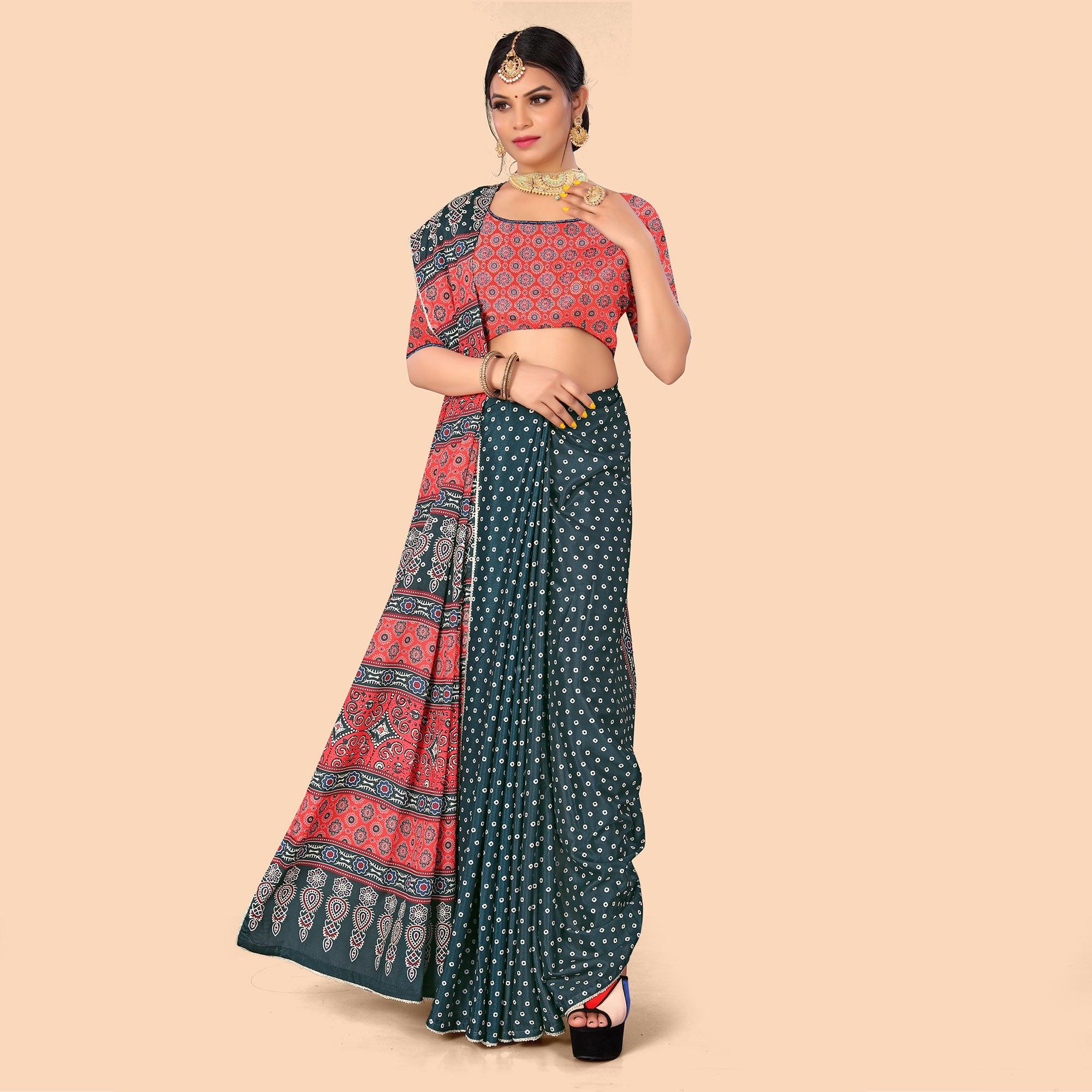 Rama Green Digital Printed With Fancy Border Chiffon Saree - Peachmode