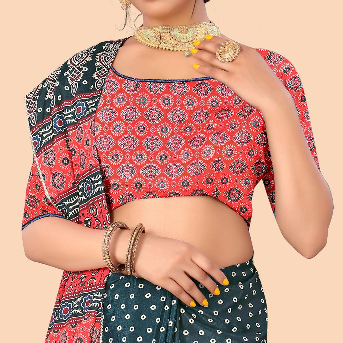 Rama Green Digital Printed With Fancy Border Chiffon Saree - Peachmode