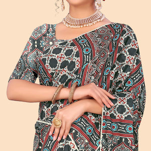 Rama Green Digital Printed With Fancy Border Chiffon Saree - Peachmode