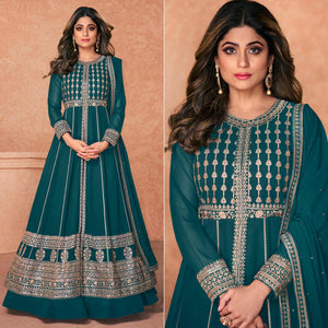 Rama Green Embroidered Georgette Anarkali Style Gown - Peachmode