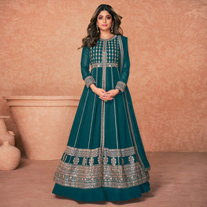 Rama Green Embroidered Georgette Anarkali Style Gown - Peachmode