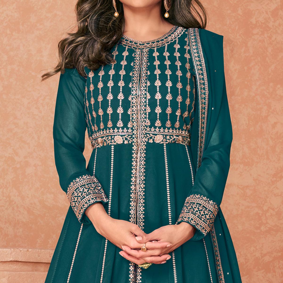 Rama Green Embroidered Georgette Anarkali Style Gown - Peachmode