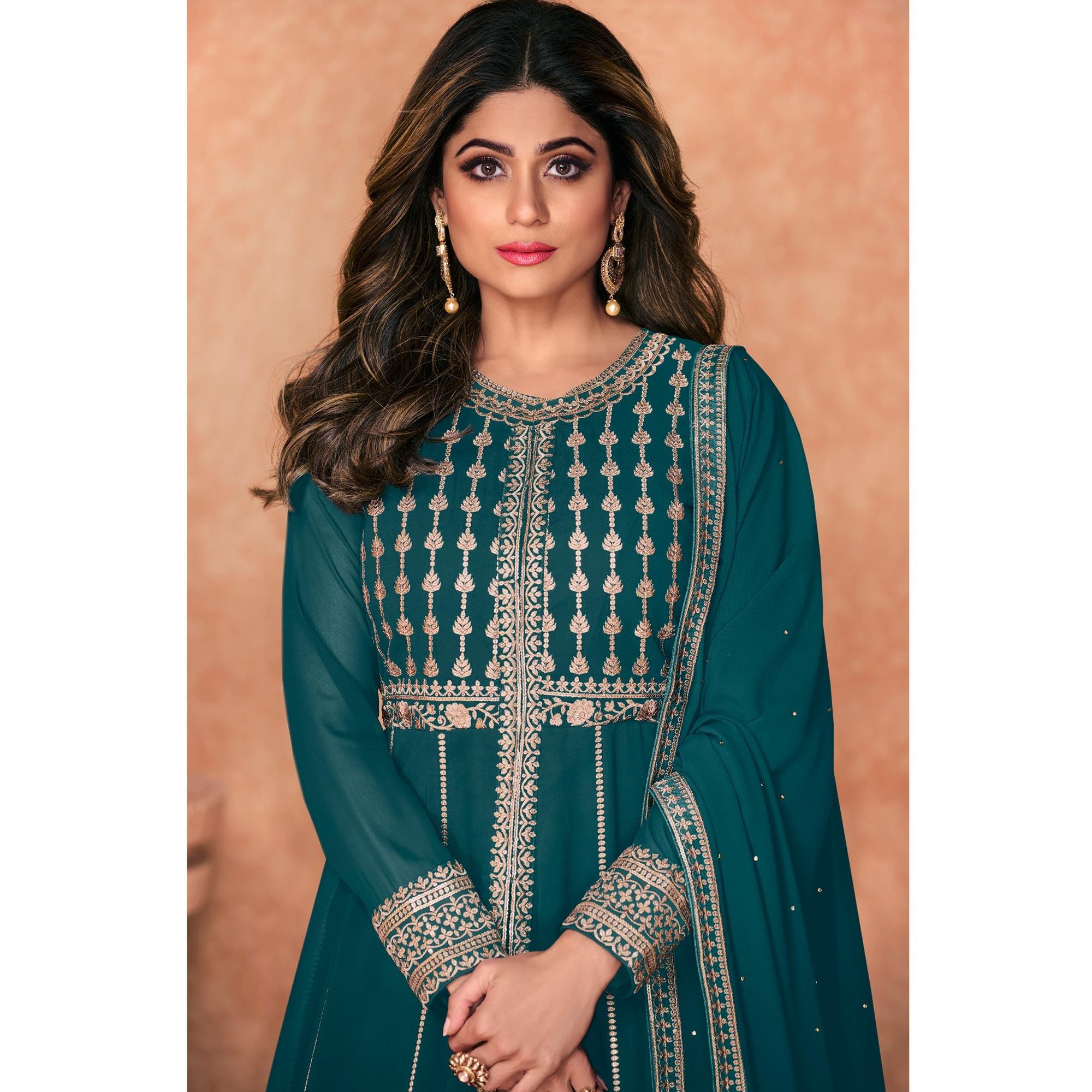 Rama Green Embroidered Georgette Anarkali Style Gown - Peachmode