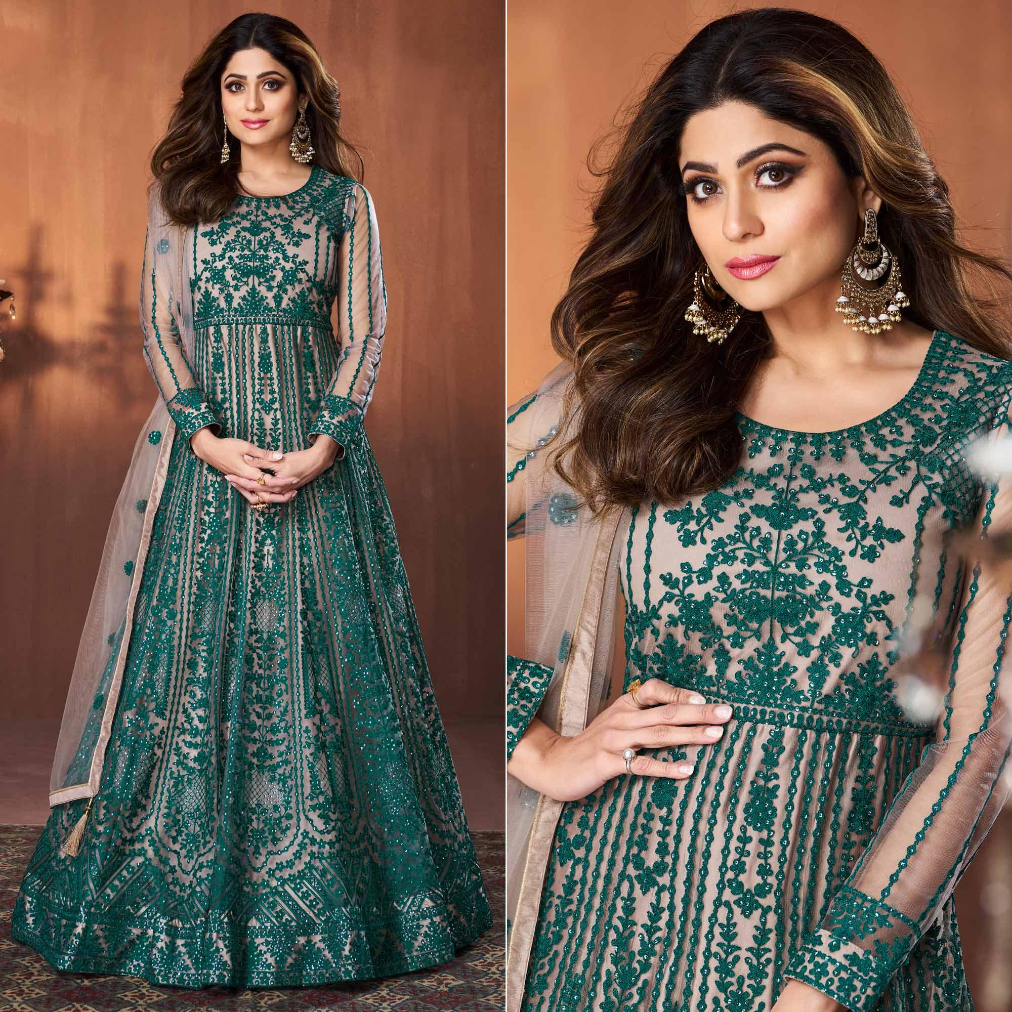 Rama Green Embroidered Netted Anarkali Style Gown - Peachmode