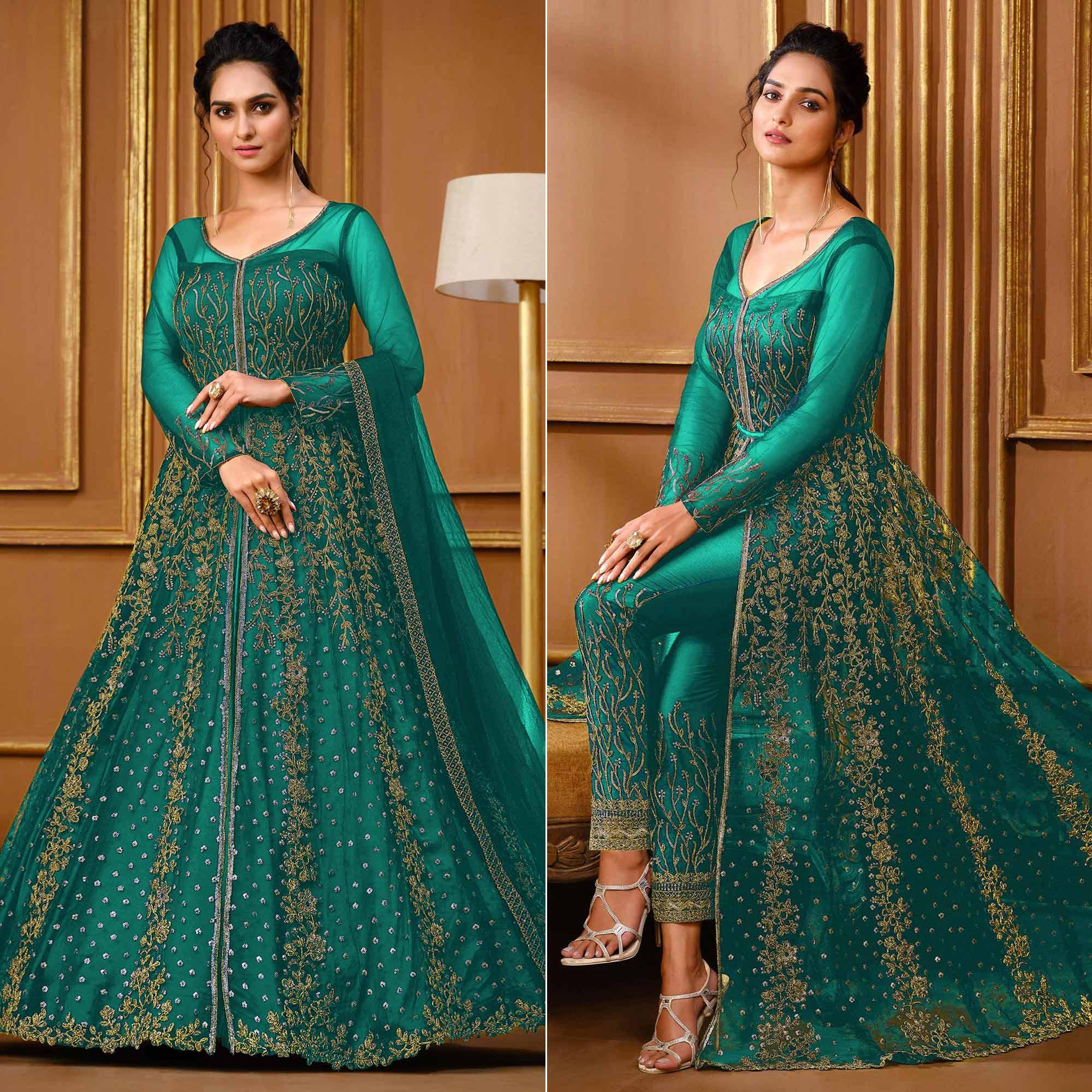 Rama Green Embroidered Netted Anarkali Style Gown - Peachmode