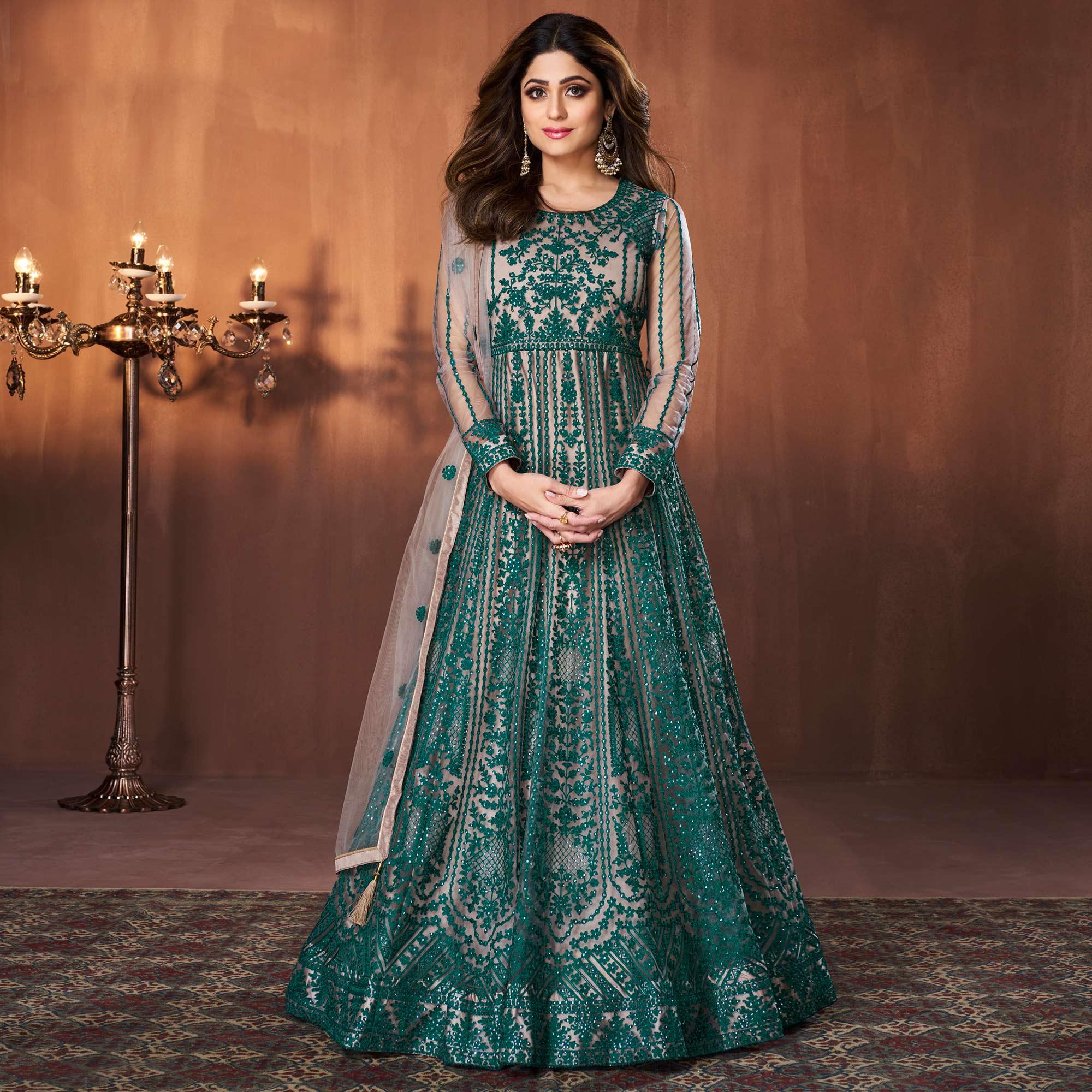 Rama Green Embroidered Netted Anarkali Style Gown - Peachmode