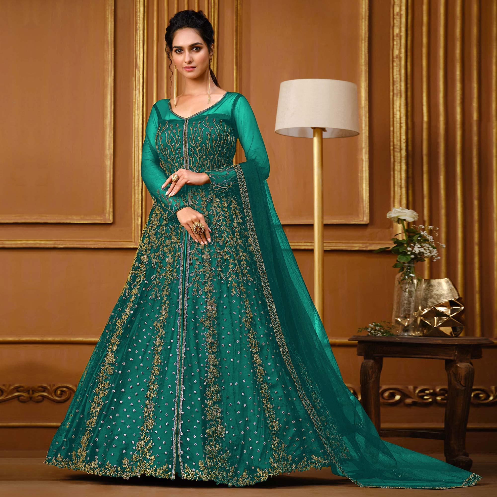 Rama Green Embroidered Netted Anarkali Style Gown - Peachmode