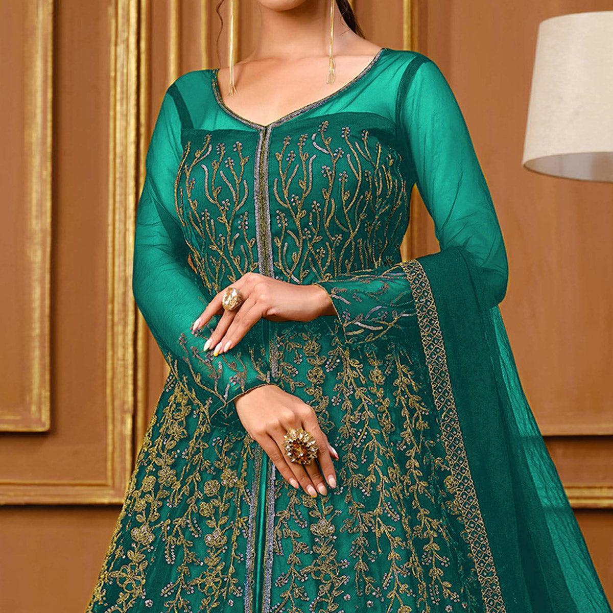 Rama Green Embroidered Netted Anarkali Style Gown - Peachmode