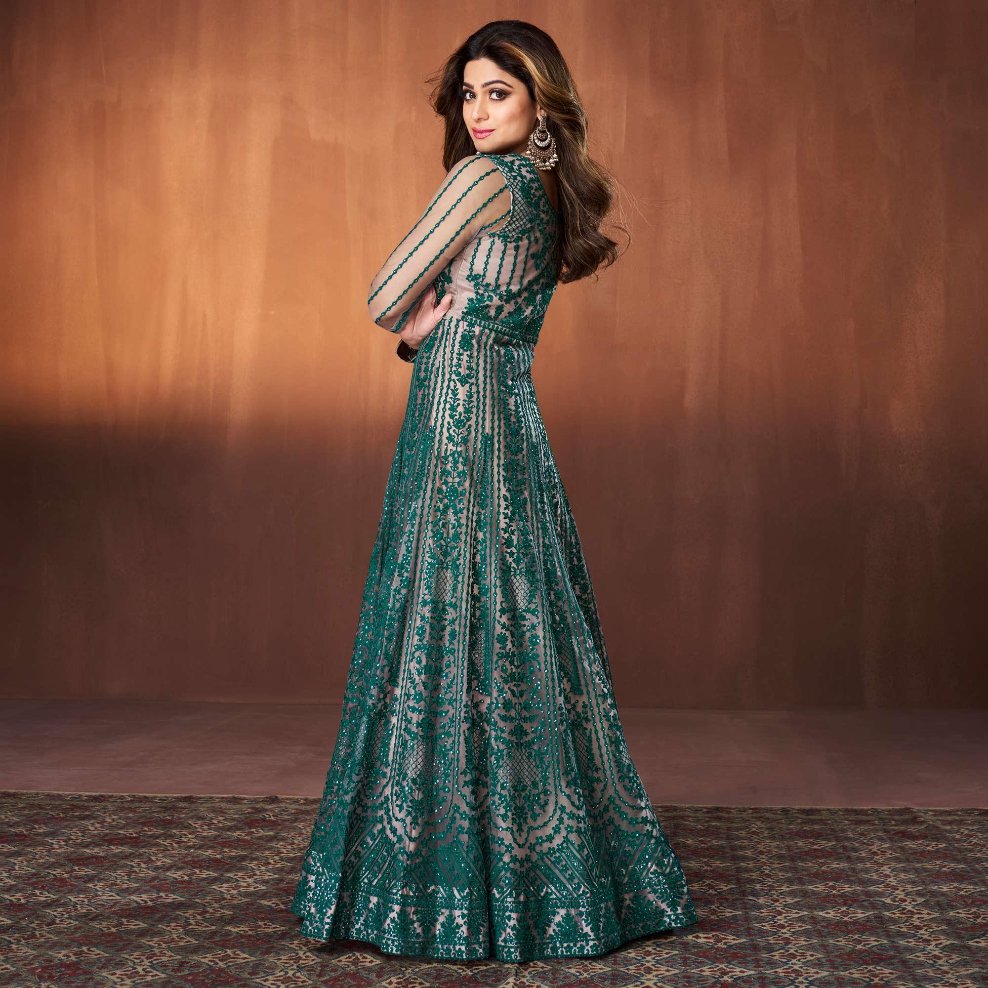 Rama Green Embroidered Netted Anarkali Style Gown - Peachmode