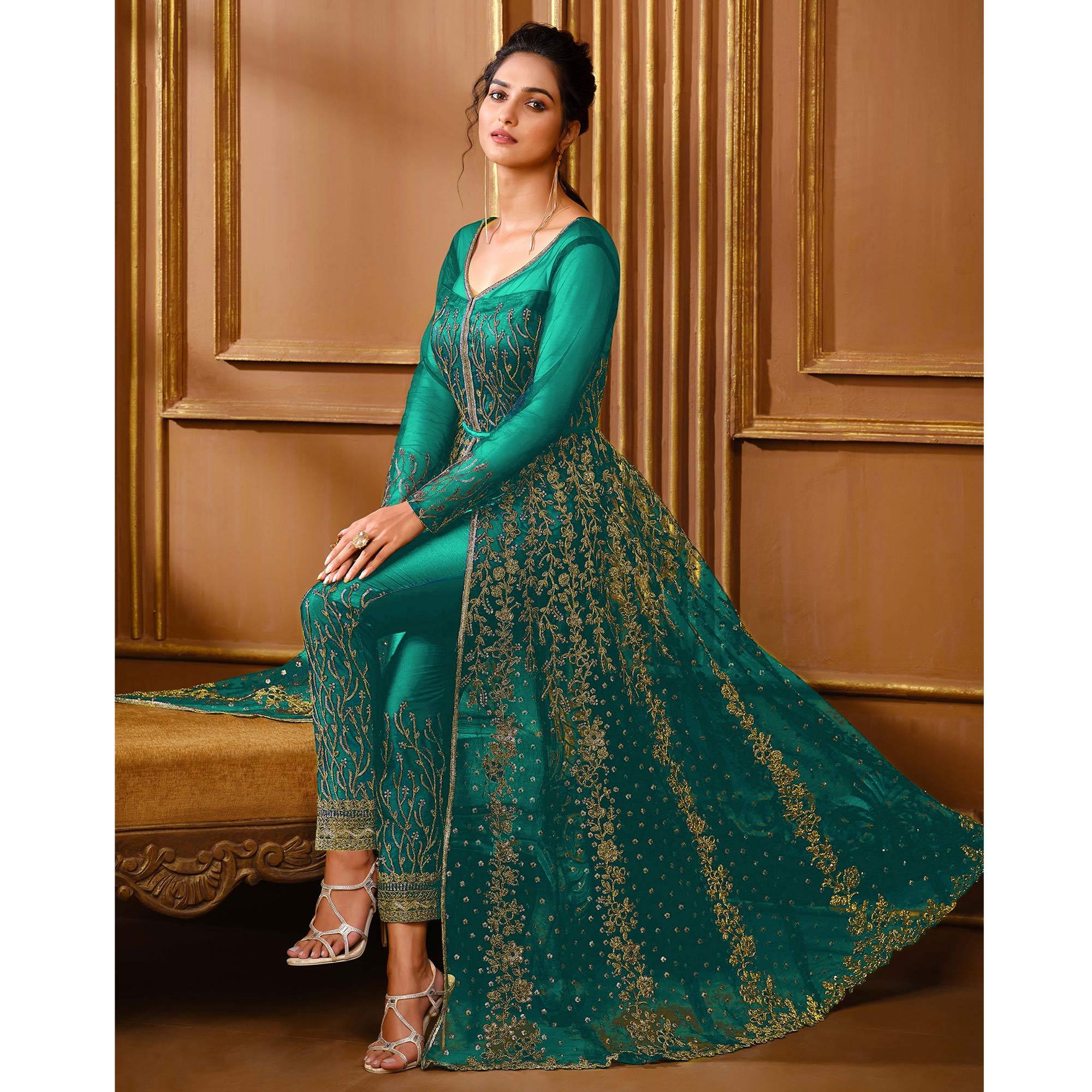 Rama Green Embroidered Netted Anarkali Style Gown - Peachmode