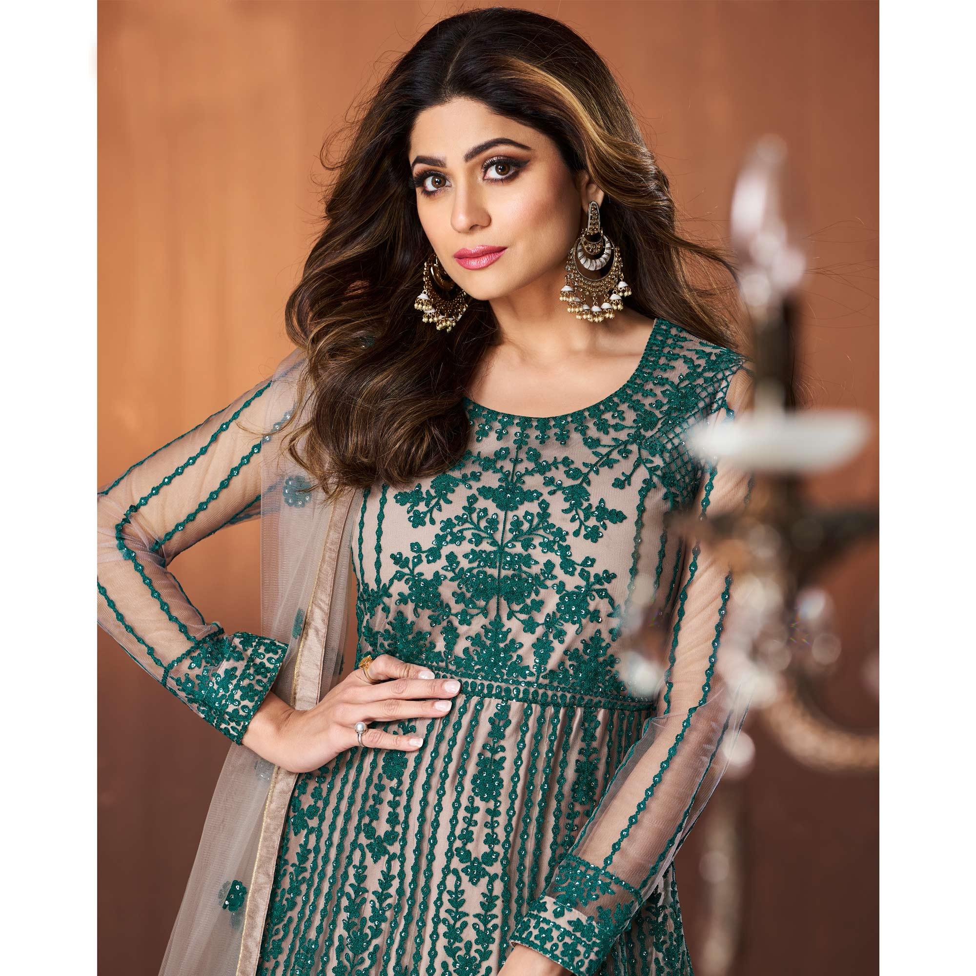 Rama Green Embroidered Netted Anarkali Style Gown - Peachmode