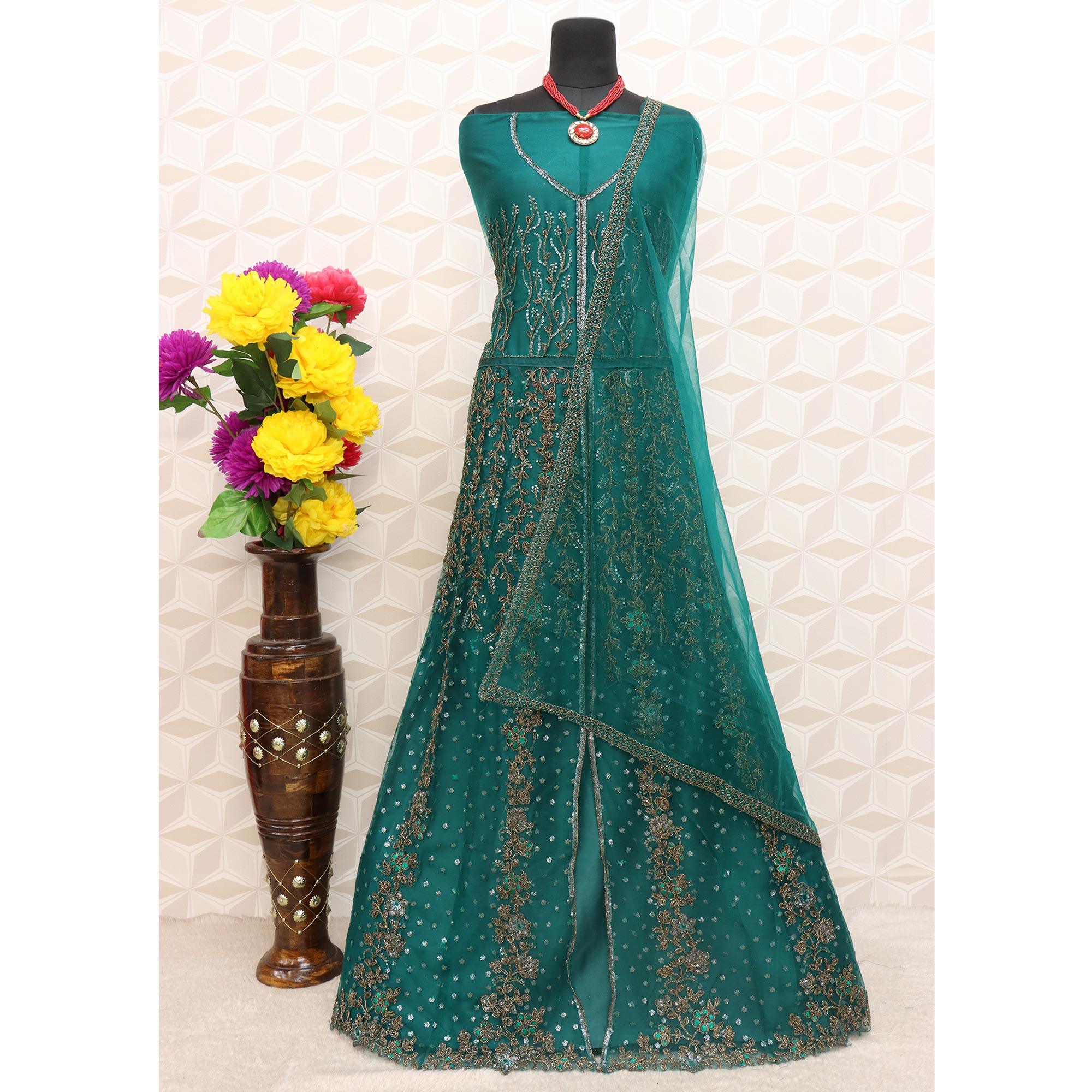 Rama Green Embroidered Netted Anarkali Style Gown - Peachmode