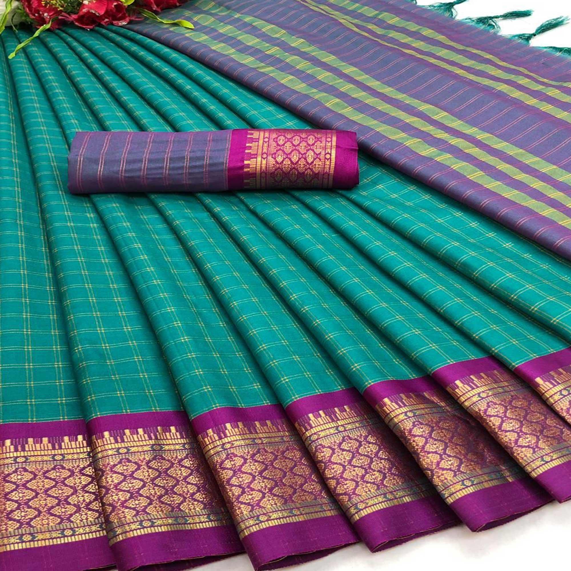 Rama Green Festive Wear Checks With Woven Border Cotton Silk Saree - Peachmode