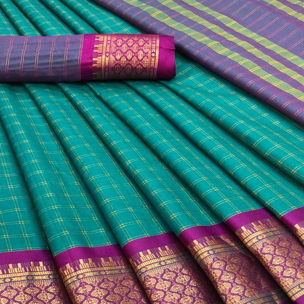 Rama Green Festive Wear Checks With Woven Border Cotton Silk Saree - Peachmode