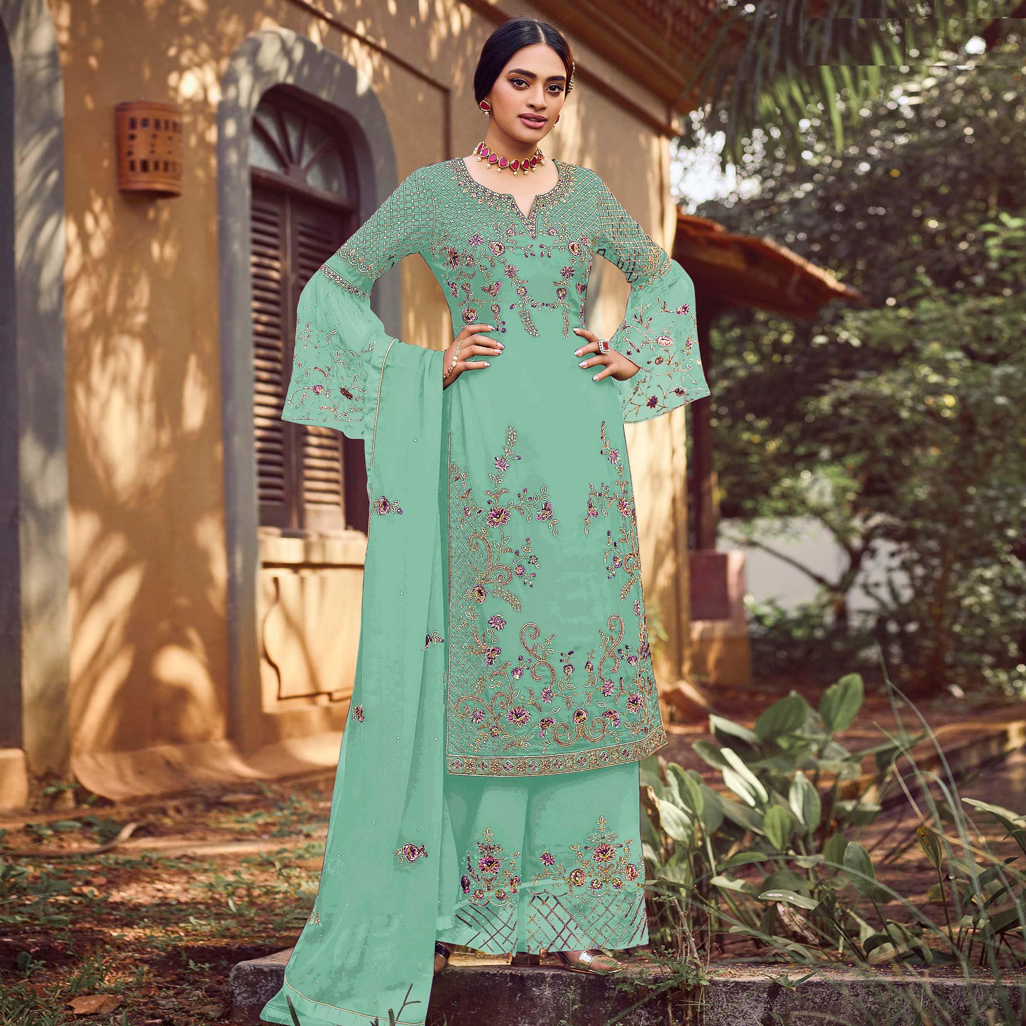 Rama Green Festive Wear Embroidered Faux Georgette Straight Style Palazzo Suit - Peachmode