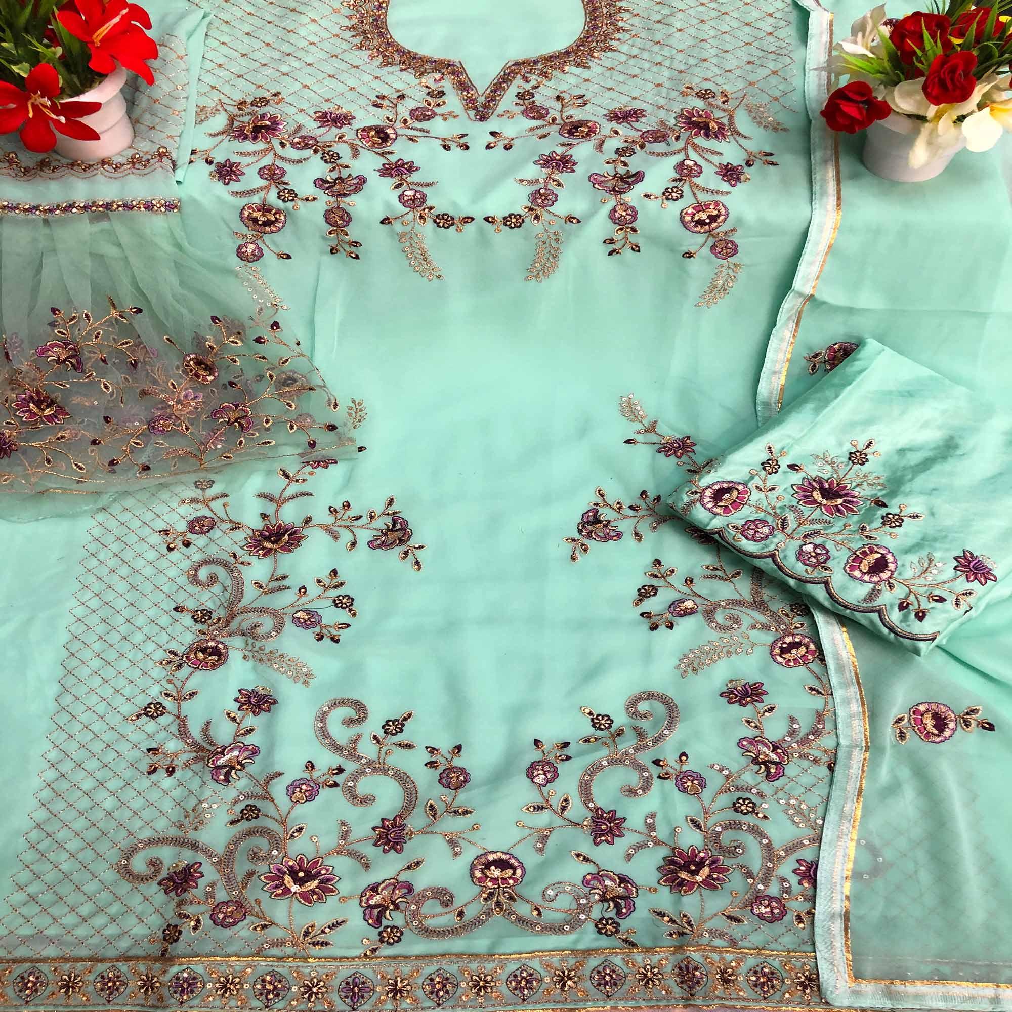Rama Green Festive Wear Embroidered Faux Georgette Straight Style Palazzo Suit - Peachmode