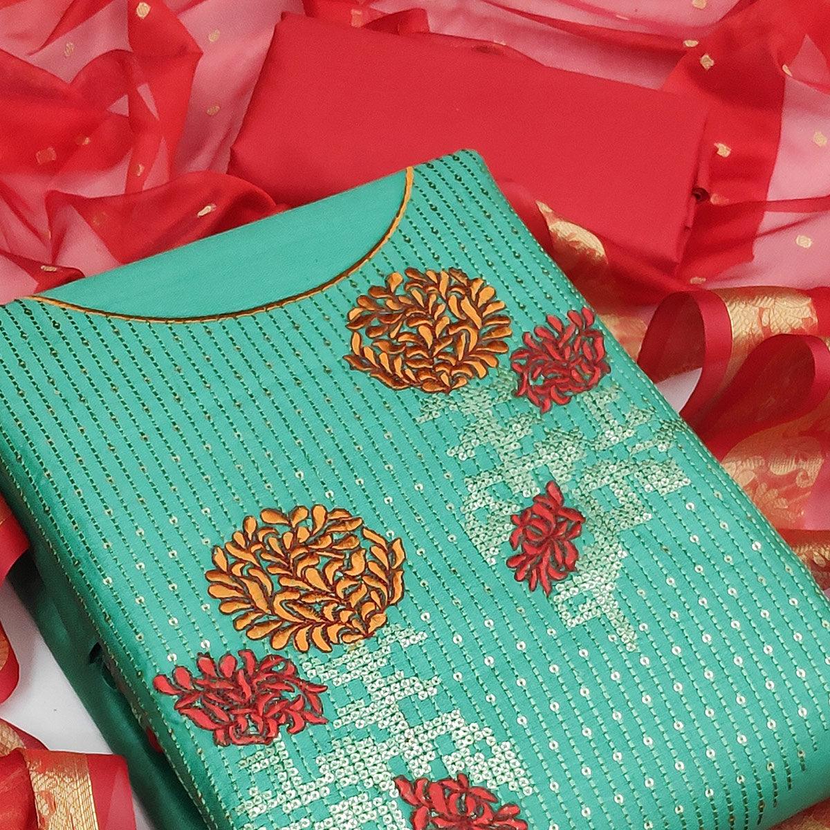 Rama Green Festive Wear Floral Embroidered Cotton Dress Material - Peachmode