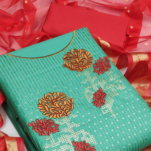 Rama Green Festive Wear Floral Embroidered Cotton Dress Material - Peachmode