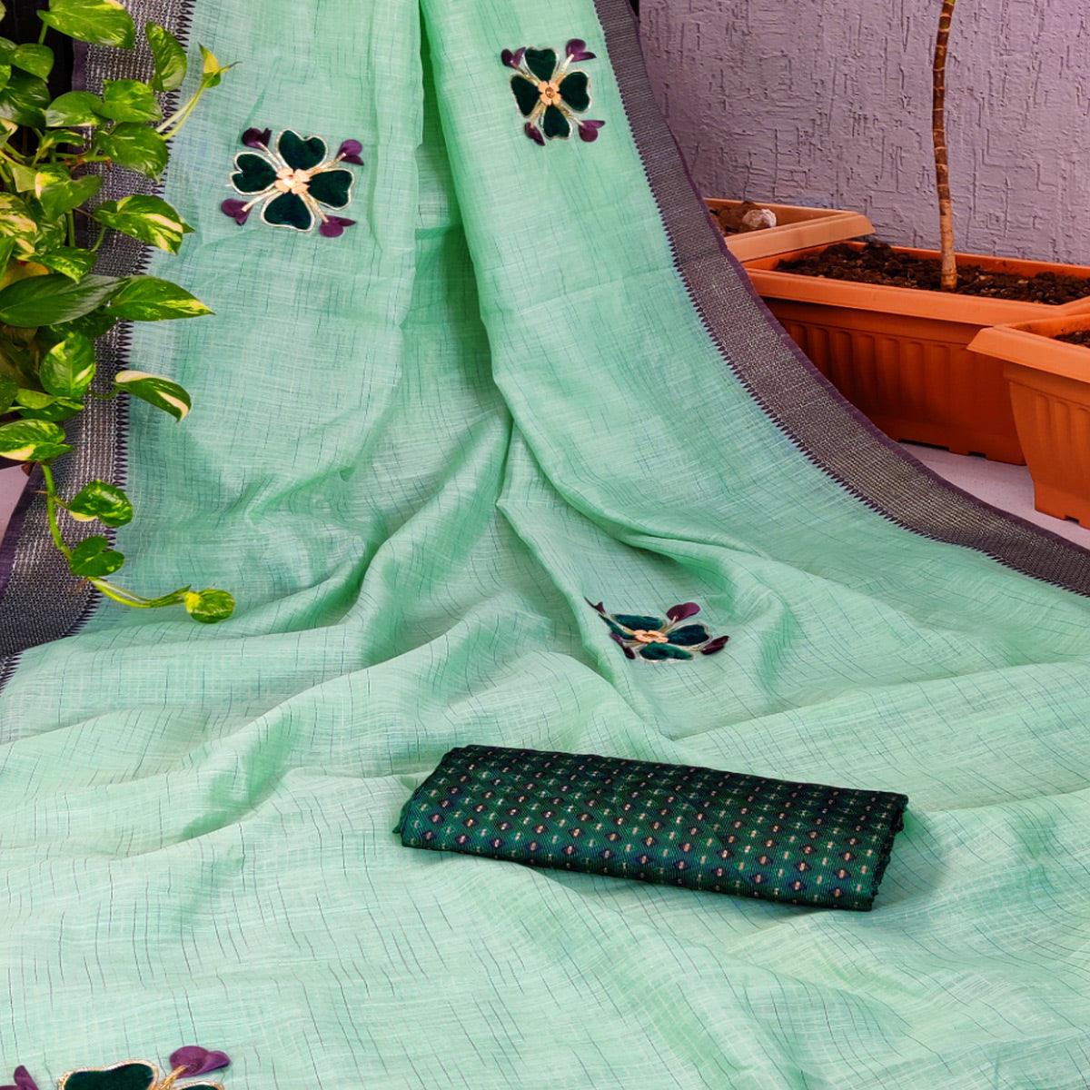 Rama Green Festive Wear Floral Embroiderey Woven Border Cotton Saree - Peachmode