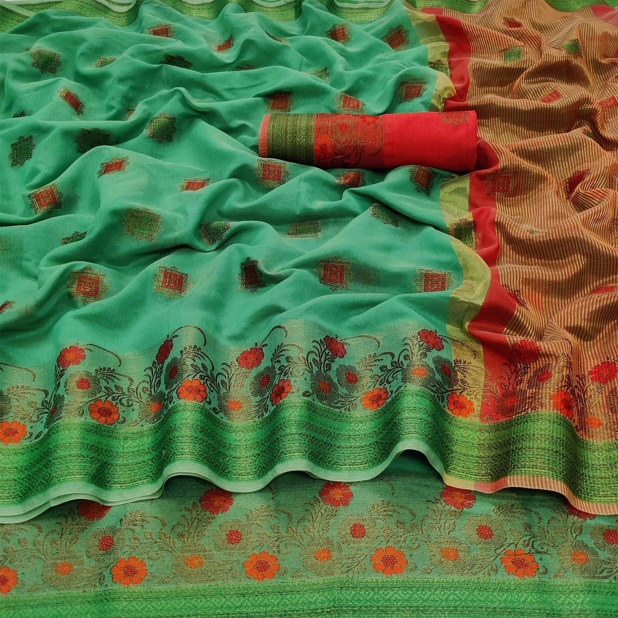 Rama Green Festive Wear Floral Woven Border With Butta Work Cotton Saree - Peachmode