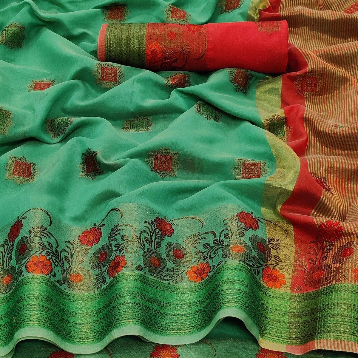 Rama Green Festive Wear Floral Woven Border With Butta Work Cotton Saree - Peachmode