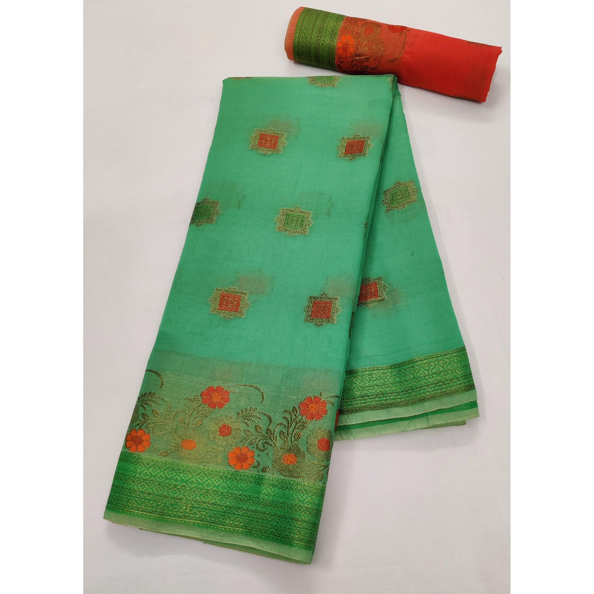 Rama Green Festive Wear Floral Woven Border With Butta Work Cotton Saree - Peachmode