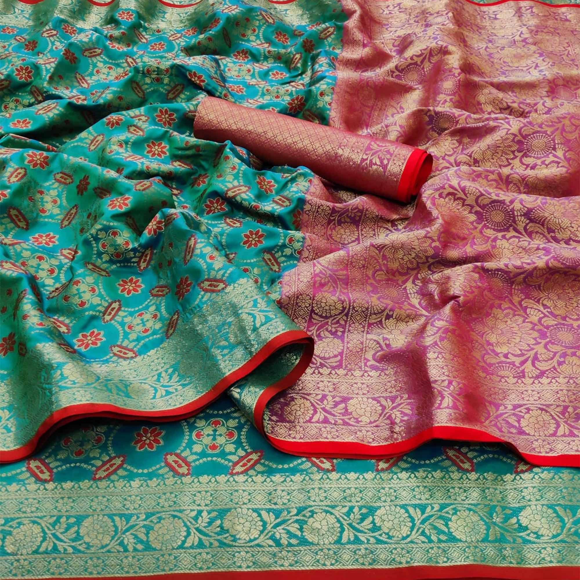 Rama Green Festive Wear Floral Woven Heavy Silk Saree - Peachmode