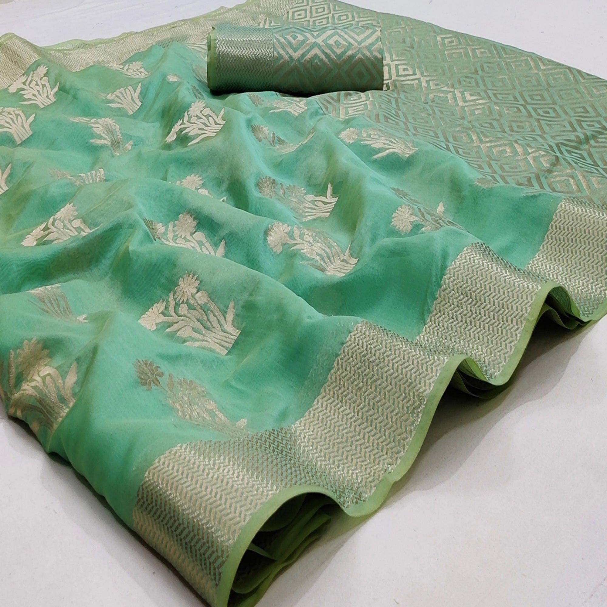Rama Green Festive Wear Floral Woven Silk Saree - Peachmode