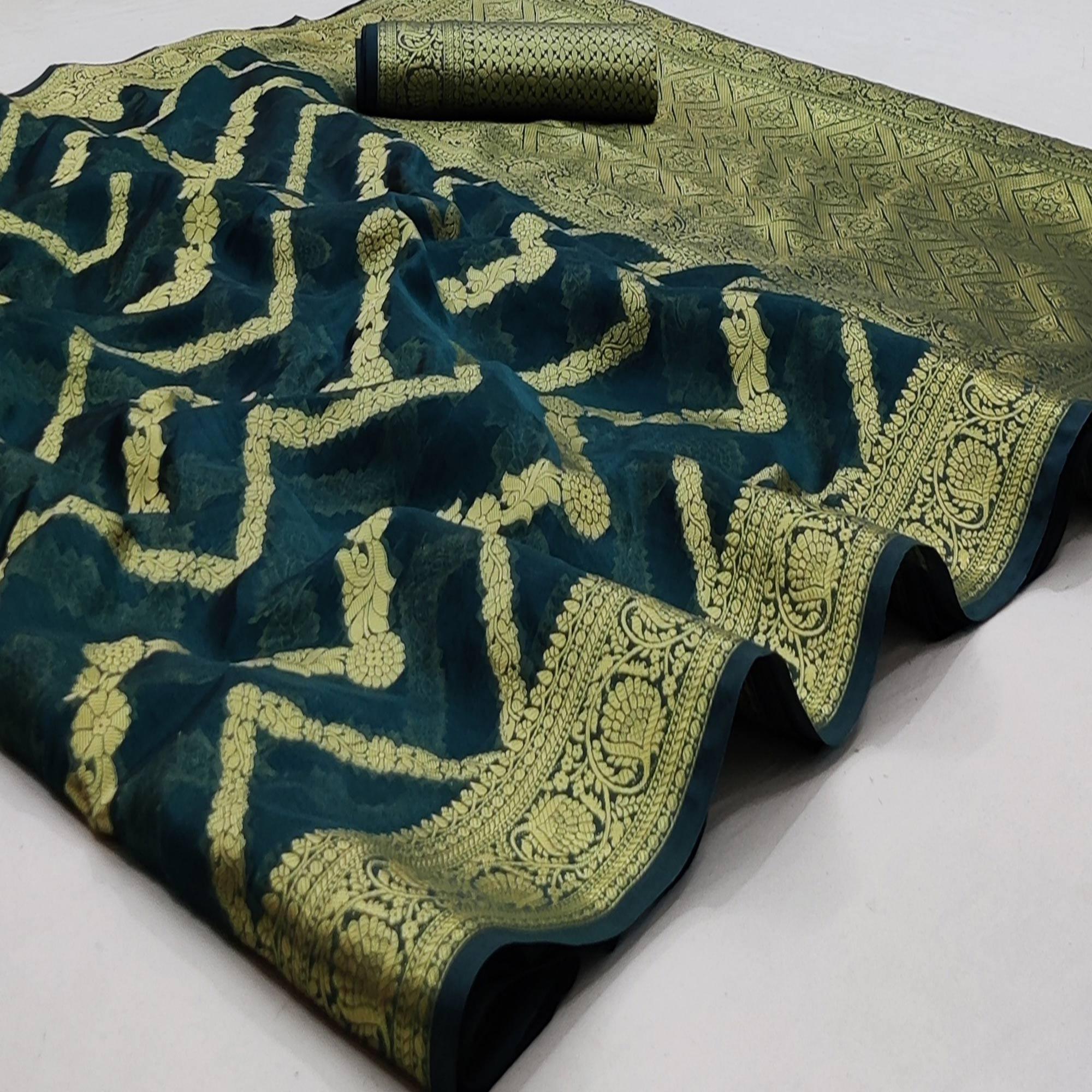Rama Green Festive Wear Floral Woven Soft Organza Saree - Peachmode