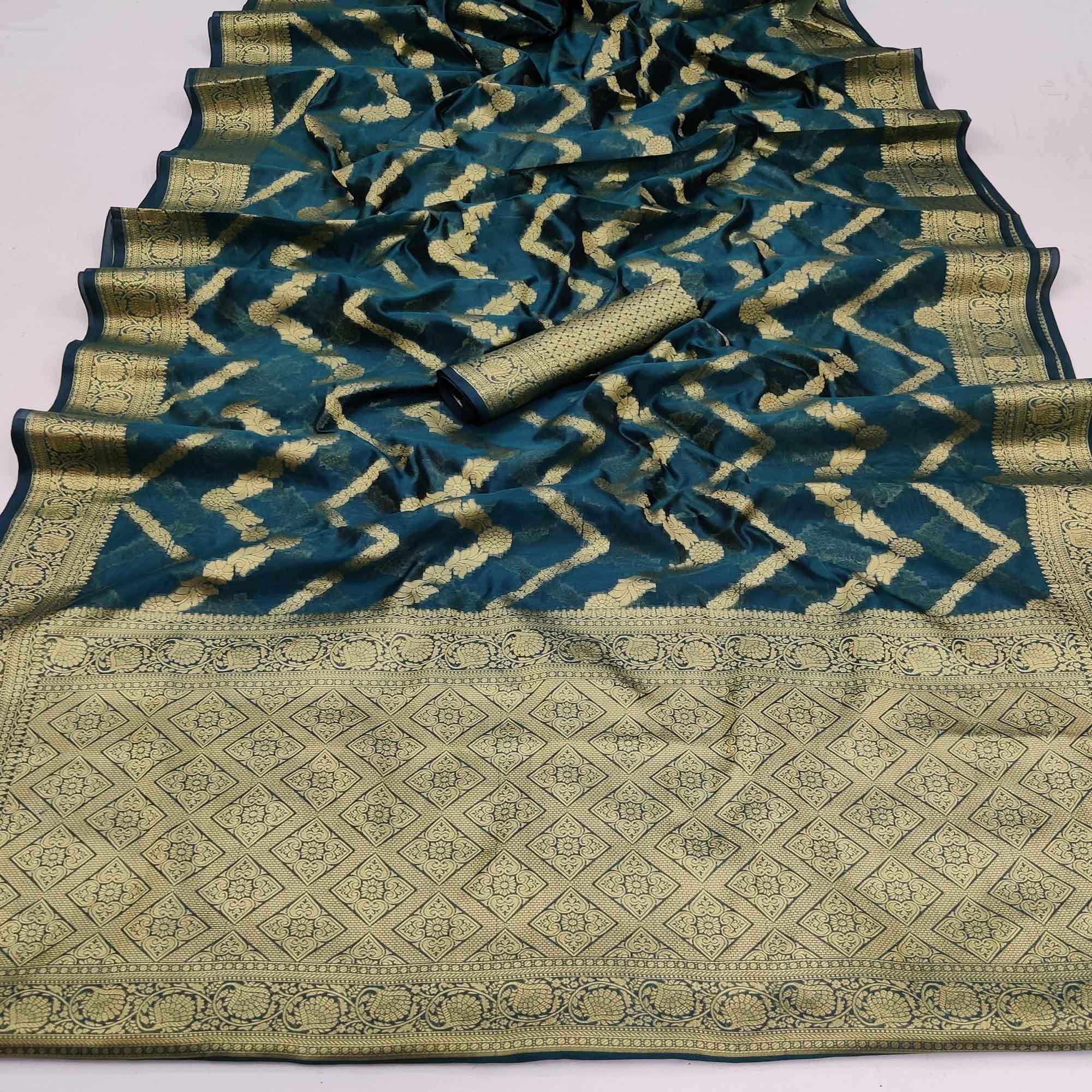 Rama Green Festive Wear Floral Woven Soft Organza Saree - Peachmode