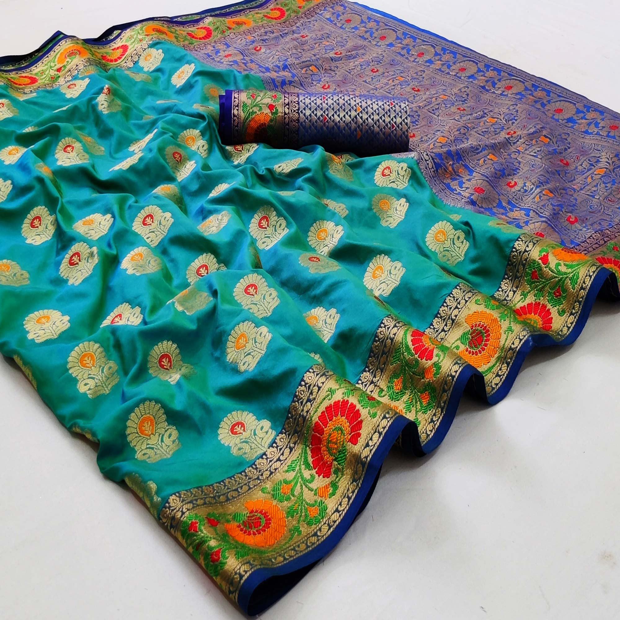 Rama Green Festive Wear Floral Woven Soft Silk Saree - Peachmode