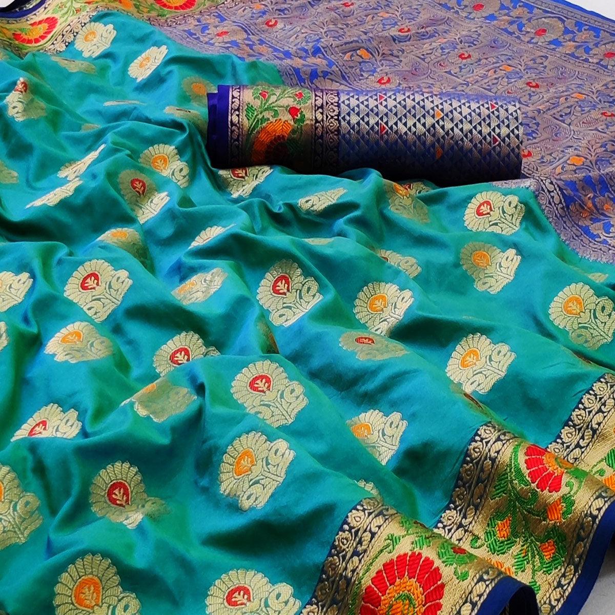 Rama Green Festive Wear Floral Woven Soft Silk Saree - Peachmode