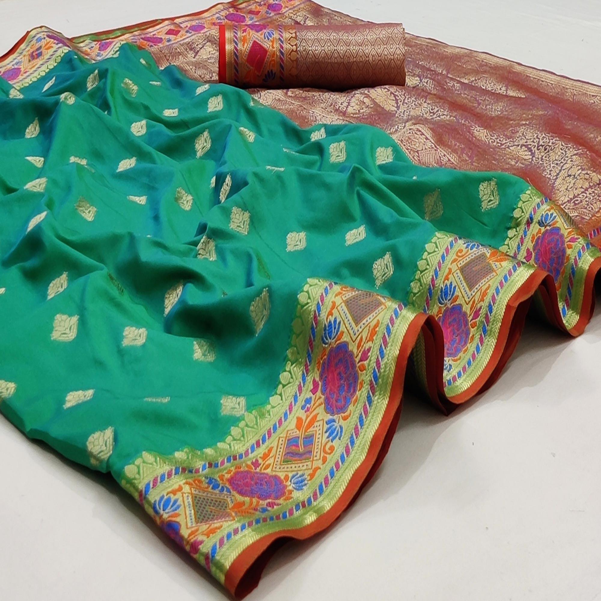 Rama Green Festive Wear Floral Woven Soft Silk Saree With Jacquard Border - Peachmode
