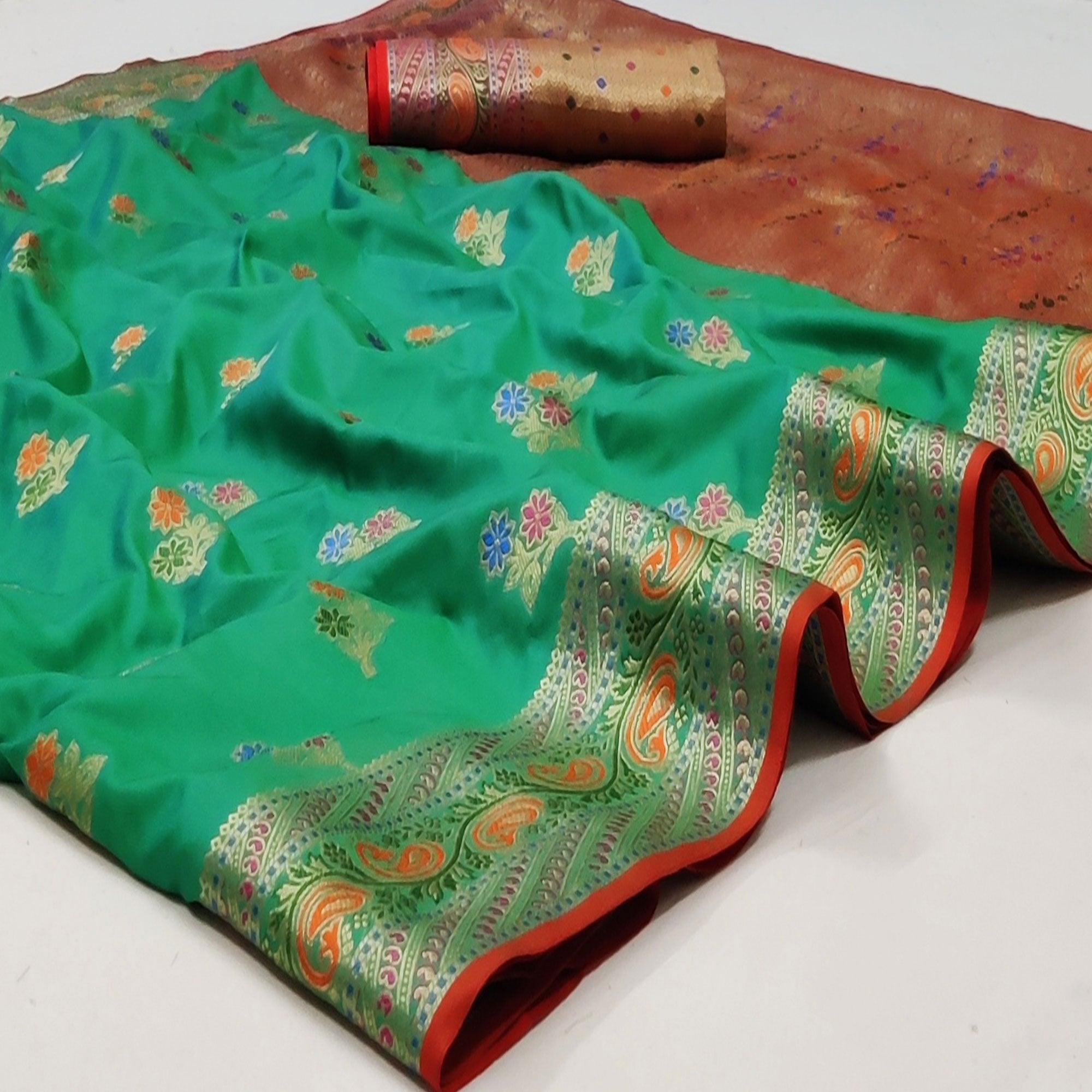Rama Green Festive Wear Floral Woven Soft Silk Saree With Jacquard Border - Peachmode