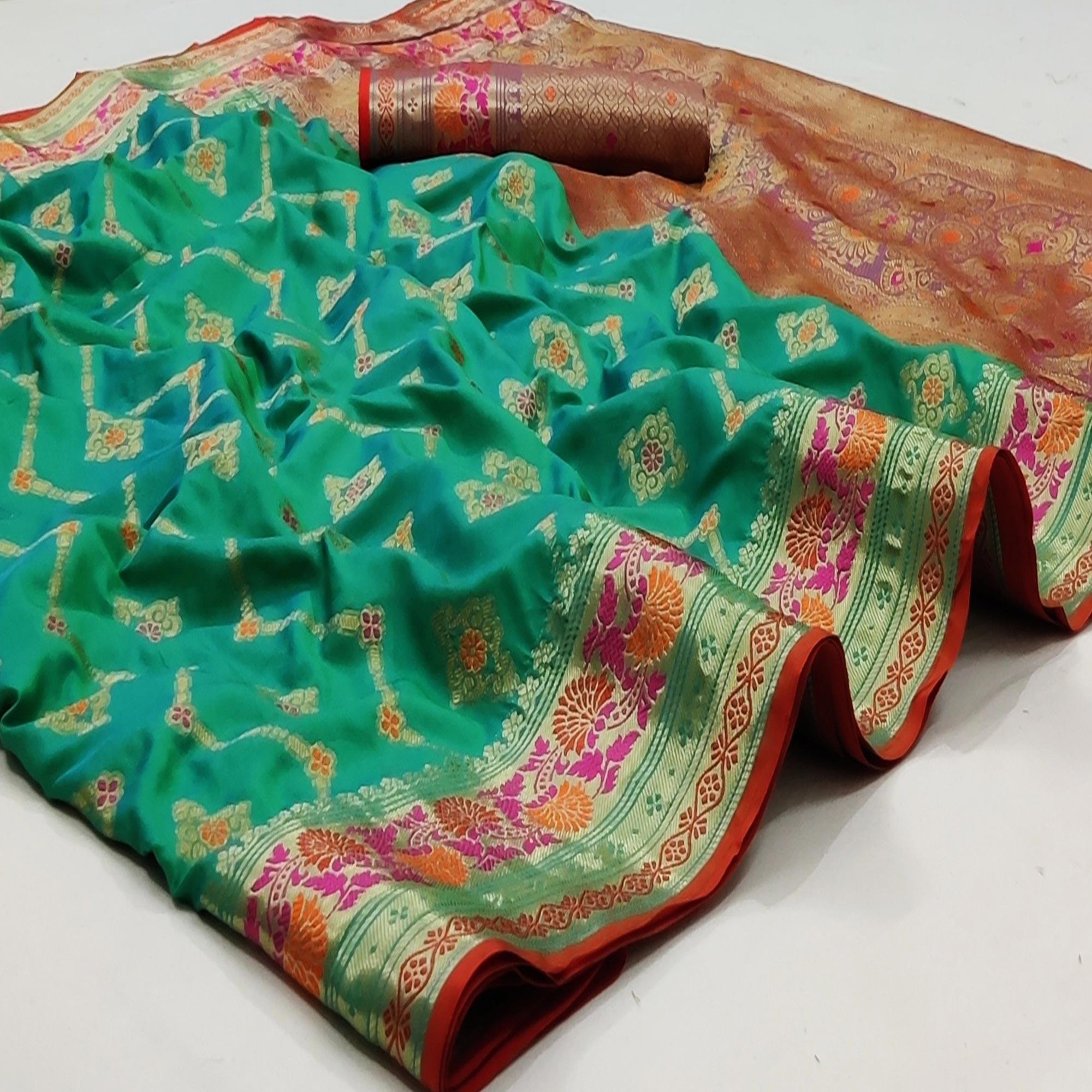 Rama Green Festive Wear Floral Woven Soft Silk Saree With Jacquard Border - Peachmode
